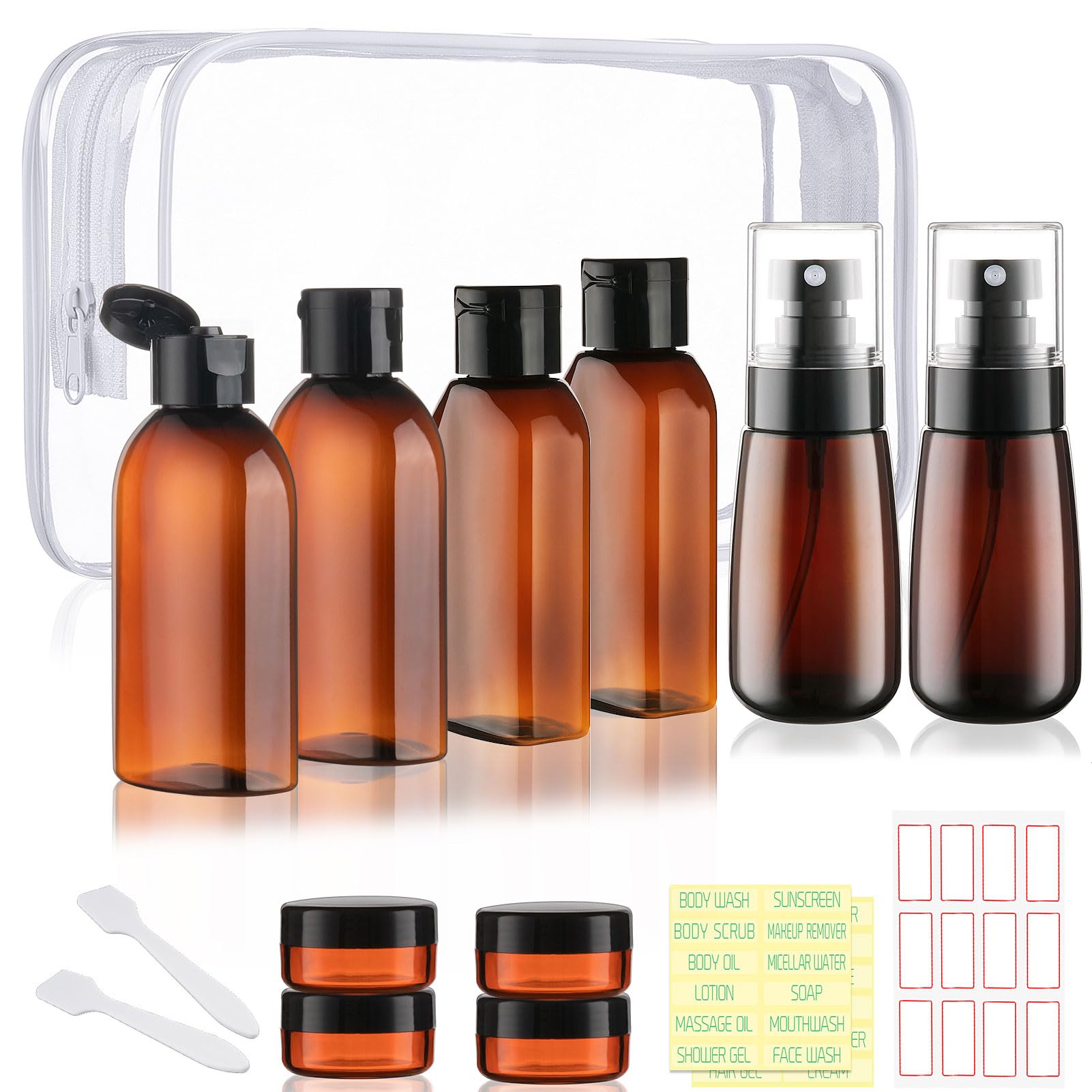Travel Kit 10 PCS Travel Bottles for Toiletries TSA Approved Bottle | Leak Proof, Brown Pre-printed, Plastic 0.35oz Cream Jar, 2oz Spray Bottle for Hair Care, Shampoo, Conditioner, a Toiletry Bag