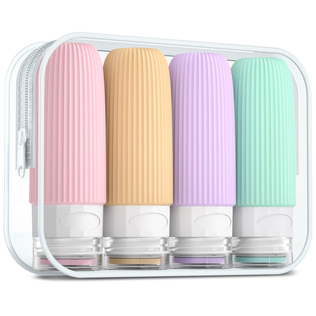 Mrsdry Travel Bottles for Toiletries, Tsa Approved 3oz Portable Travel Bottles, BPA Free Leak Proof Squeezable Silicone Travel Size Containers, Travel Accessories with Clear Toiletry Bag (4 Pack)