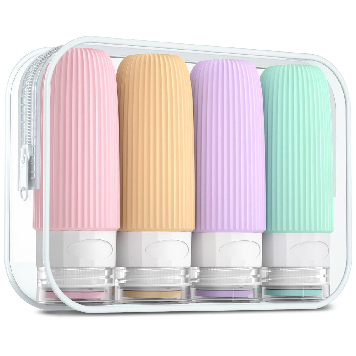 Mrsdry Travel Bottles for Toiletries, Tsa Approved 3oz Portable Travel Bottles, BPA Free Leak Proof Squeezable Silicone Travel Size Containers, Travel Accessories with Clear Toiletry Bag (4 Pack)