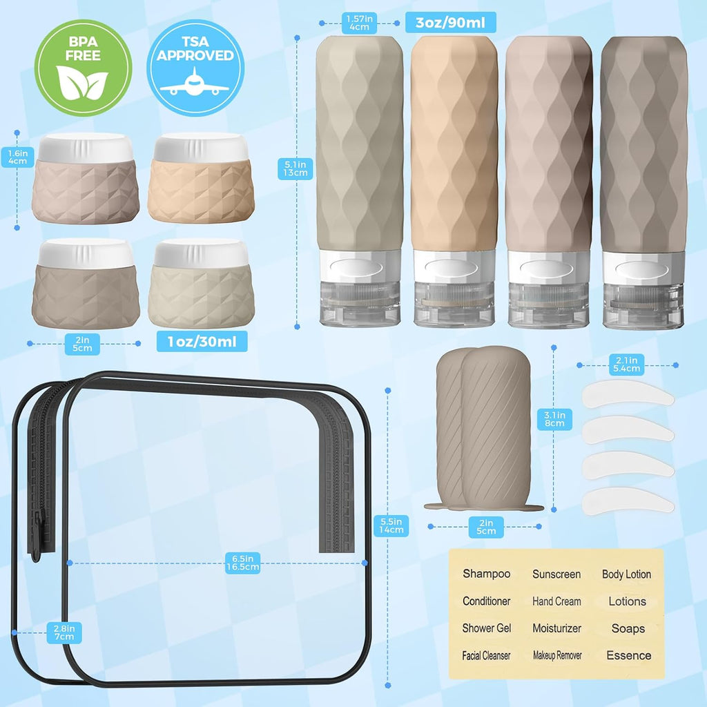 Silevoler 16Pack Travel Bottles for Toiletries, Bottles, Jars, and Covers | TSA Approved BPA Free Silicone Travel Size Containers Set, Leak Proof Refillable Liquids and Cream Essentials Kit(Cream)