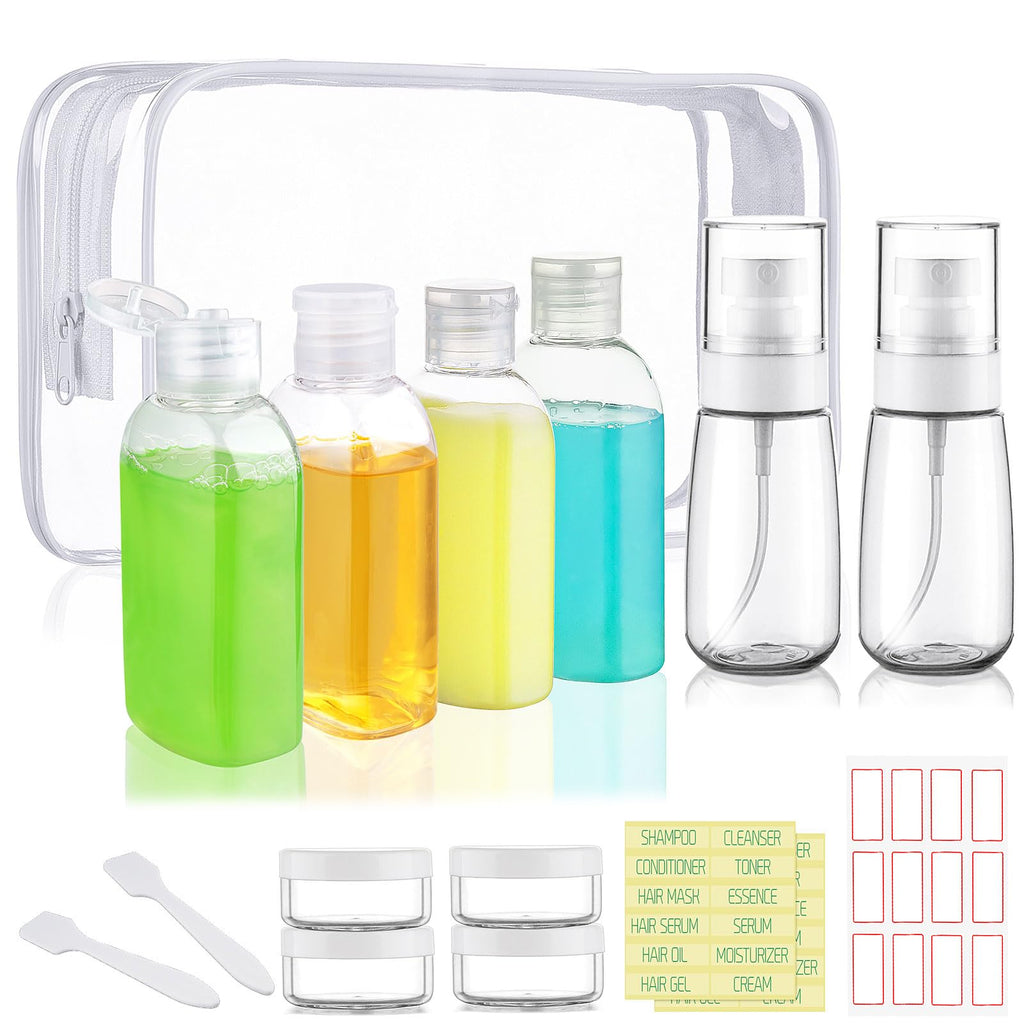 Travel Kit 10 PCS Travel Bottles for Toiletries TSA Approved Bottle | Leak Proof, Brown Pre-printed, Plastic 0.35oz Cream Jar, 2oz Spray Bottle for Hair Care, Shampoo, Conditioner, a Toiletry Bag