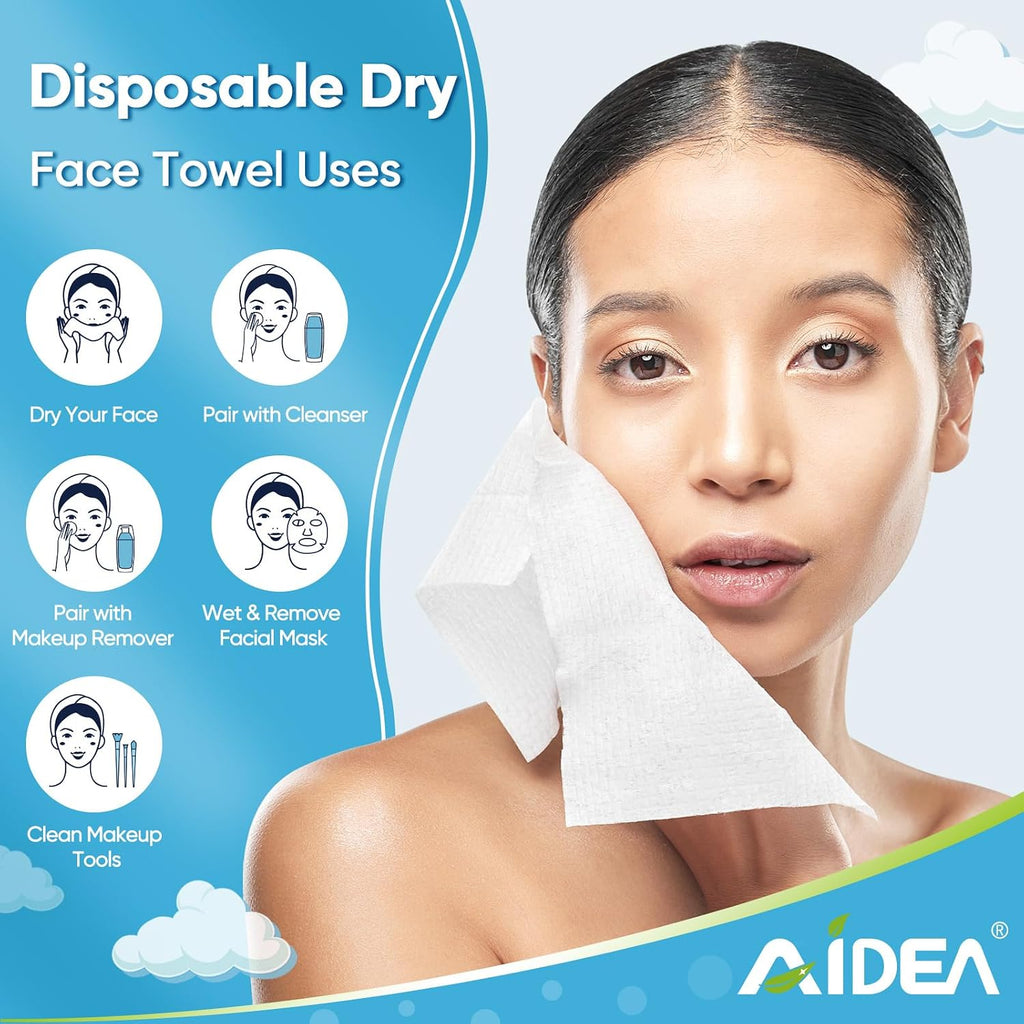 AIDEA Face Towels Disposable-200Ct (4 Box), Face Cloths for Sensitive Skin | Clean Facial Towels, Facial Cleansing Wipes, Face Towelettes for Makeup Removing, Nursing, Travel, Dry Wipes