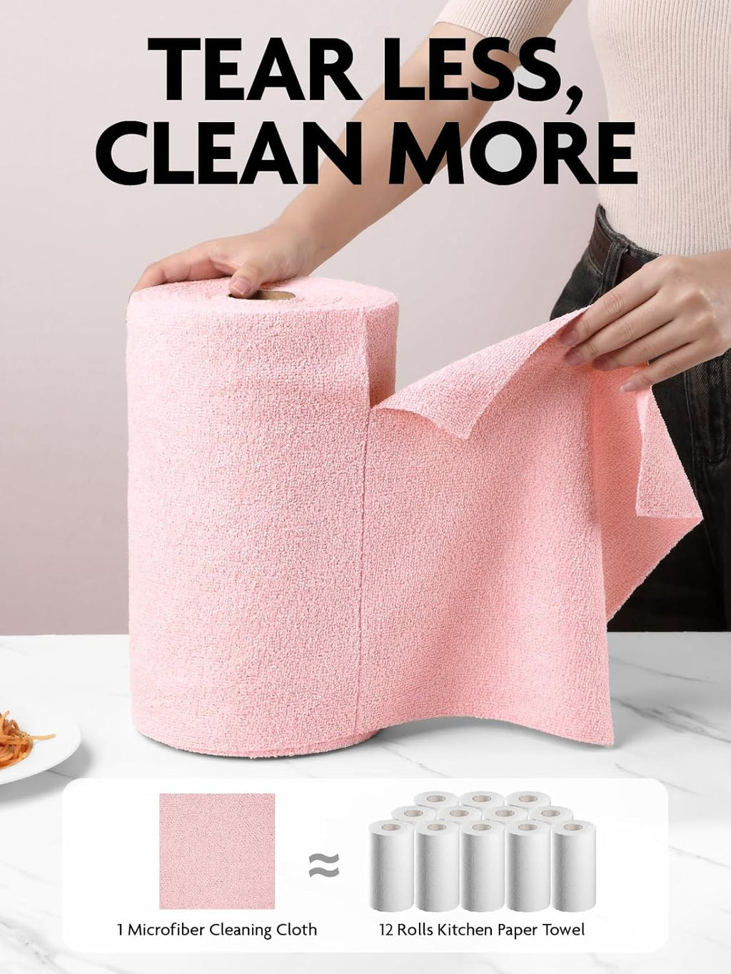 Fantasticlean Microfiber Cleaning Cloth Roll -75 Pack, 12" x 12" (Pink) | Reusable Alternative to Paper Towels, Ultra Absorbent, Lint-free Microfiber Towel Roll, for All-Purpose Cleaning