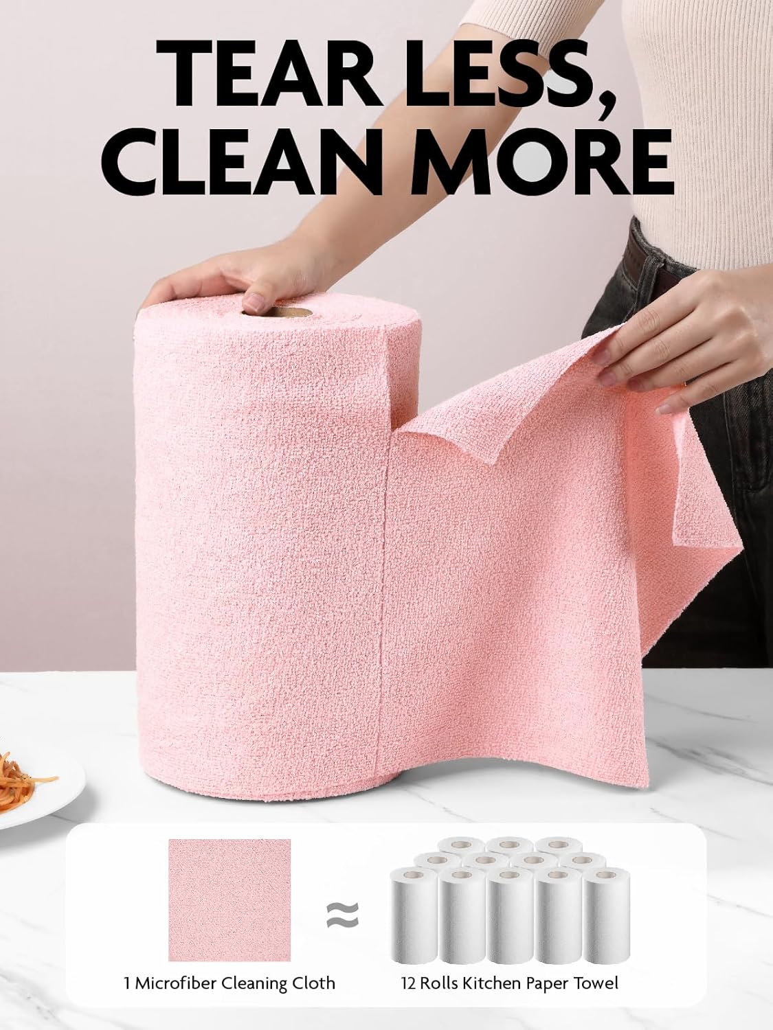 Fantasticlean Microfiber Cleaning Cloth Roll -75 Pack, 12" x 12" (Pink) | Reusable Alternative to Paper Towels, Ultra Absorbent, Lint-free Microfiber Towel Roll, for All-Purpose Cleaning