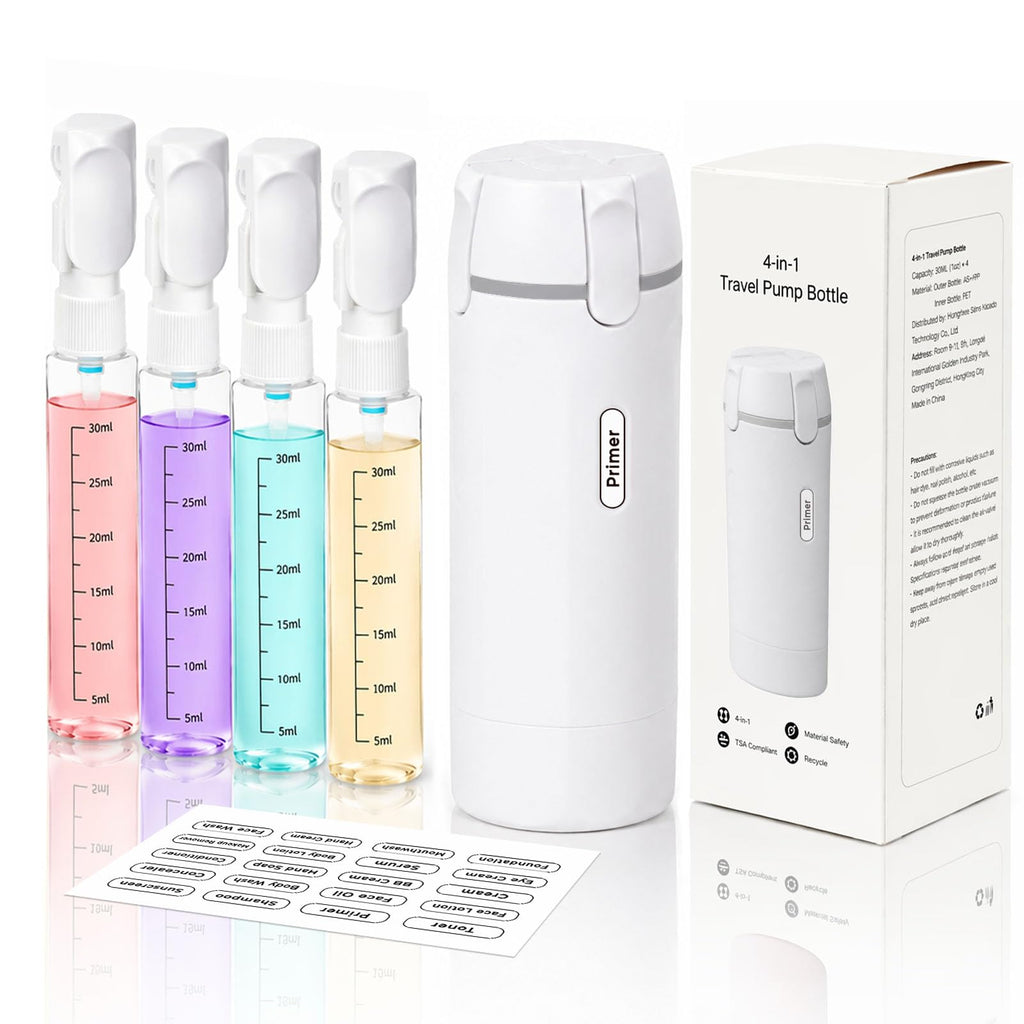 4-in-1 Travel Dispenser Bottle,4 Pack 30ML Travel Bottles for Toiletries, Leak Proof Travel Size Containers (Black)