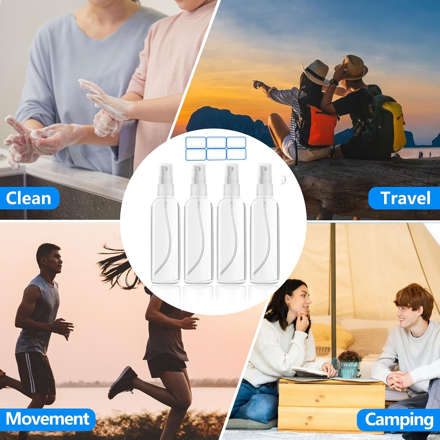 DTDNZKN 4 Pack 3.4 Oz (100ml) TSA Approved Travel Bottles | Travel Size Containers Plastic Spray Bottles withFunnels and Labels - Fine Mist, Refillable, Leak Proof