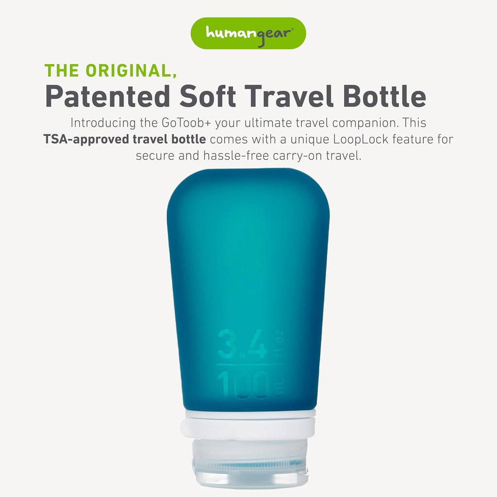 humangear GoToob+ (Large) | Refillable Silicone Travel Bottle | Locking Lid | Food-Safe Material | Teal, Large (3.4 fl.oz.; 100ml) | Refillable & Leak-Proof Silicone Travel Size Bottles with Locking Cap for Toiletries, Camping & TSA Carry-On