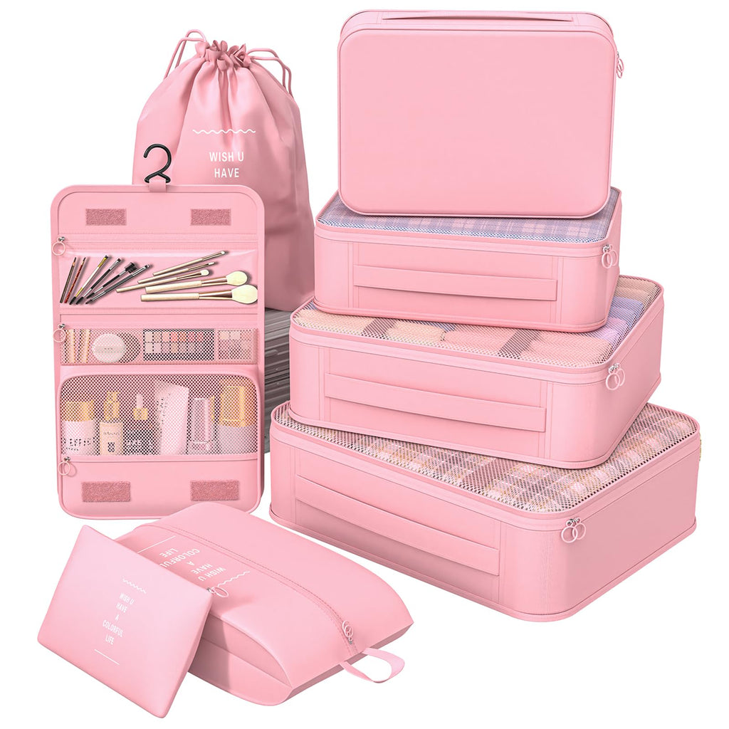 8 Set Packing Cubes for Travel,Suitcase Organizer Bags for Luggage with Shoe & Hanging Toiletry Bag, Vacation Essentials & Accessories for Cruise Ship, Airplane Must-Have,Road Trip & Camp Gifts(Cream)