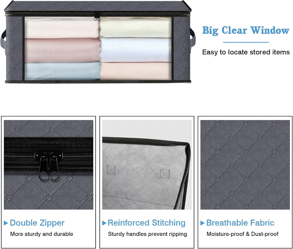 HomeHacks 3-Pack Clothes Organizer Storage Bags, 35L Storage Bins, Gray | Foldable Storage Box Container with Zippers, Clear Window, Reinforced Handles for Closet, Dorm, Pillows, Bedding, Sweater
