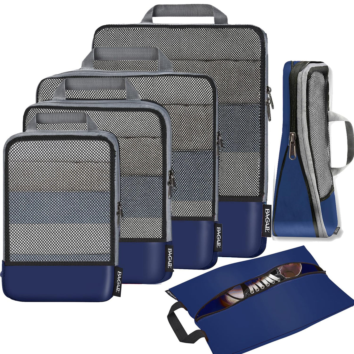 BAGAIL 4 Set/6 Set/8 Set Compression Packing Cubes Travel Accessories Expandable Packing Organizers (Half Mesh, 6-Black)