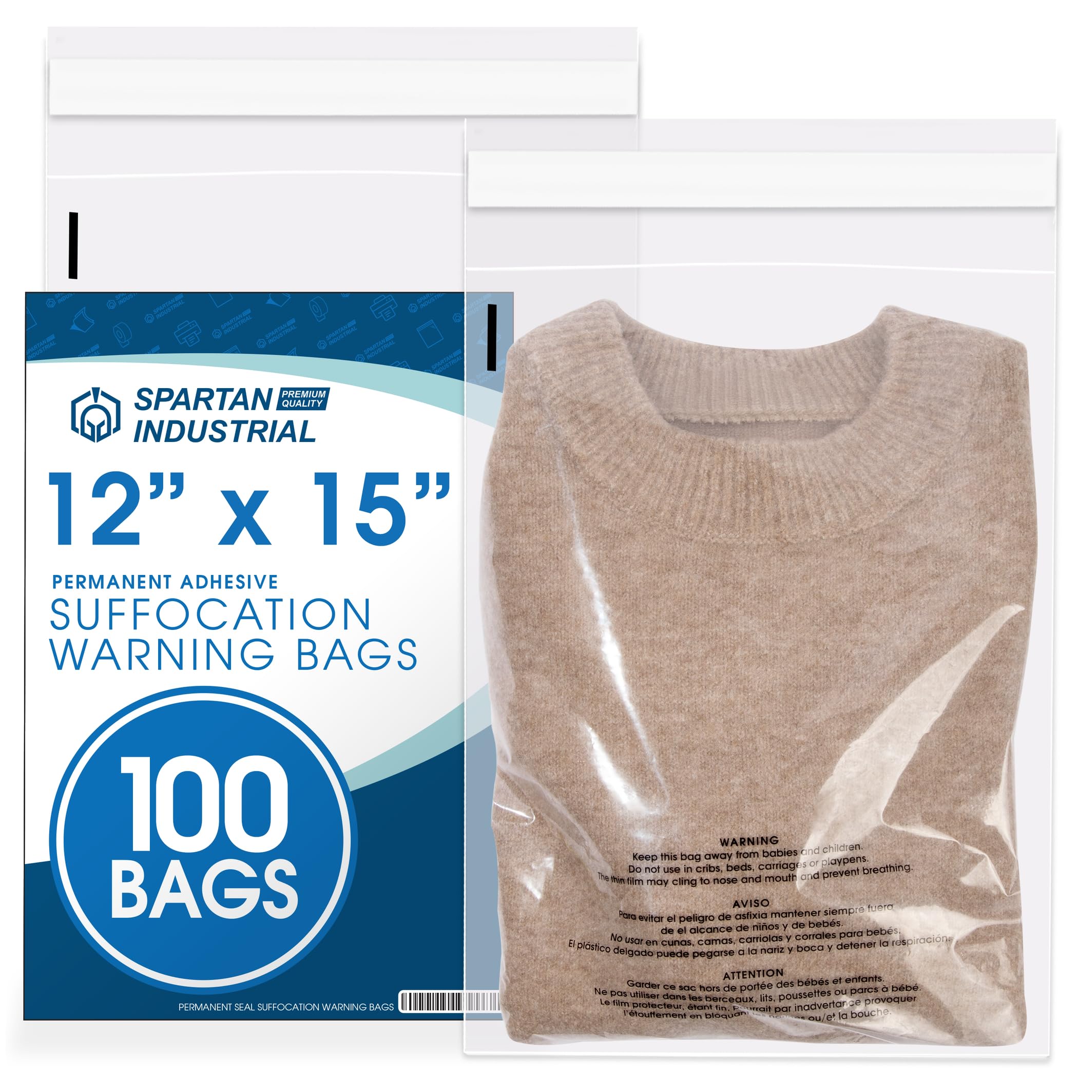 12" X 18" (500 Count) Self Seal Clear Poly Bags with Suffocation Warning | for Packaging and Clothes - Permanent Adhesive - Spartan Industrial
