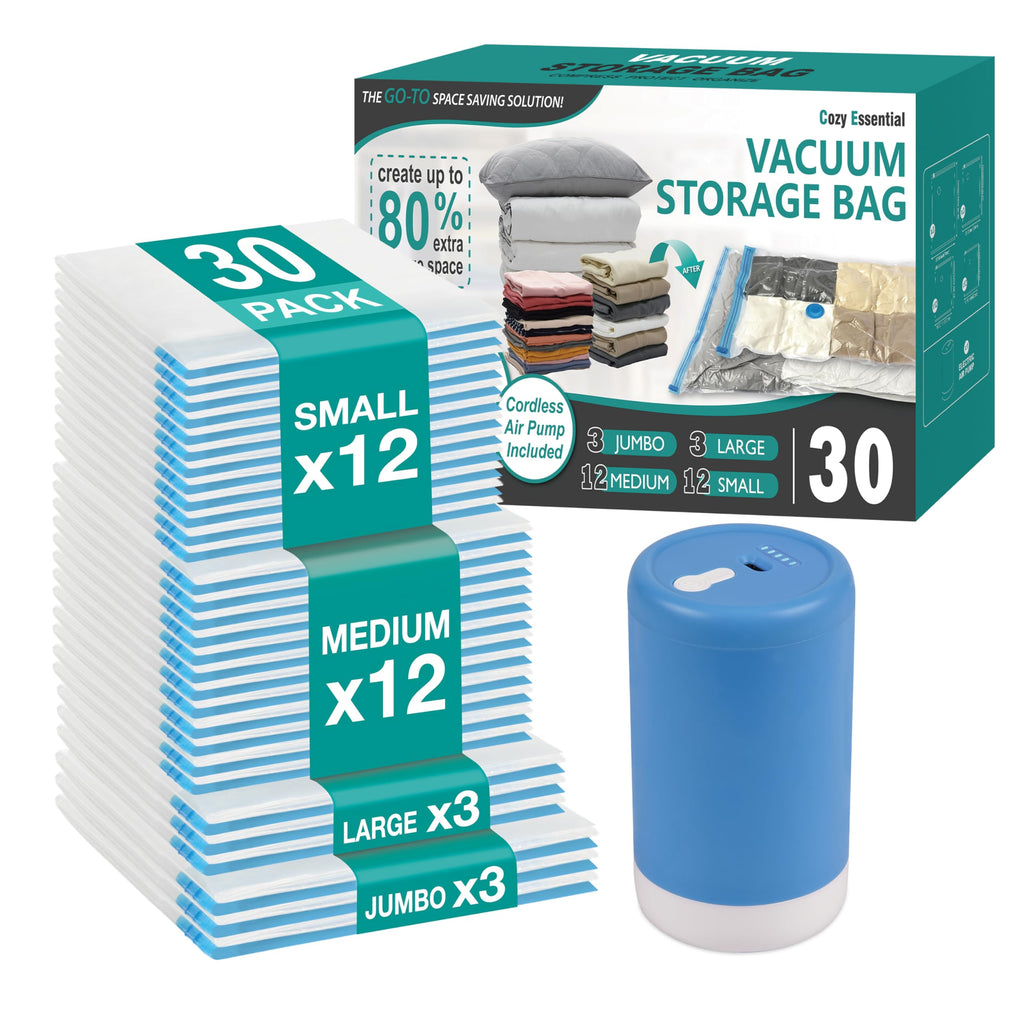 Travel Vacuum Storage Bags with Rechargeable Cordless USB Pump, 12 Combo | Space Saver Bags for Luggage, Suitcase, Carry-On, for Clothes, Blankets, Bedding & Seasonal Storage