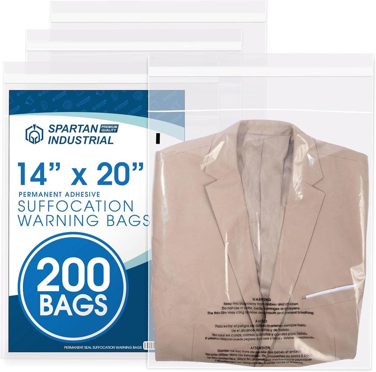 14” X 20” (200 Count) Self Seal Clear Poly Bags with Suffocation Warning | for Packaging, Clothes - Permanent Adhesive - Spartan Industrial