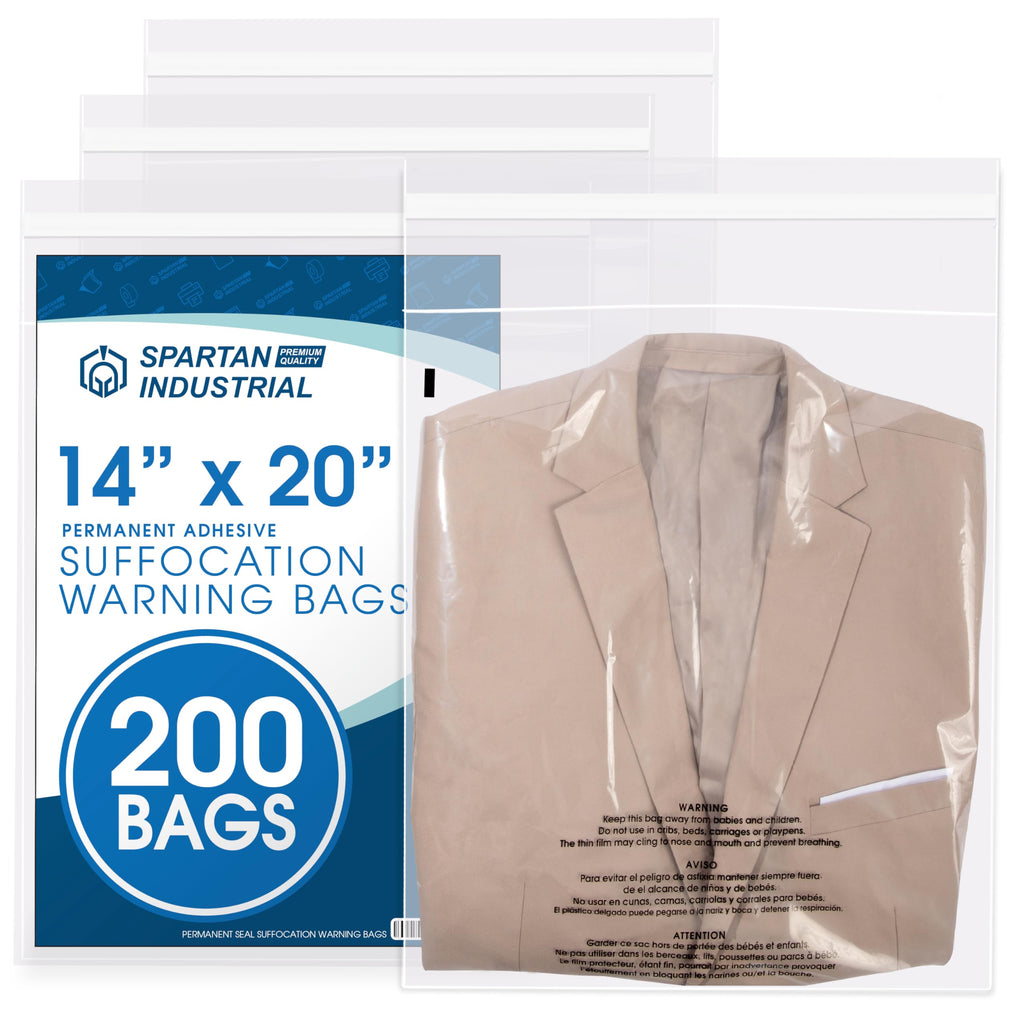 14” X 20” (200 Count) Self Seal Clear Poly Bags with Suffocation Warning | for Packaging, Clothes - Permanent Adhesive - Spartan Industrial