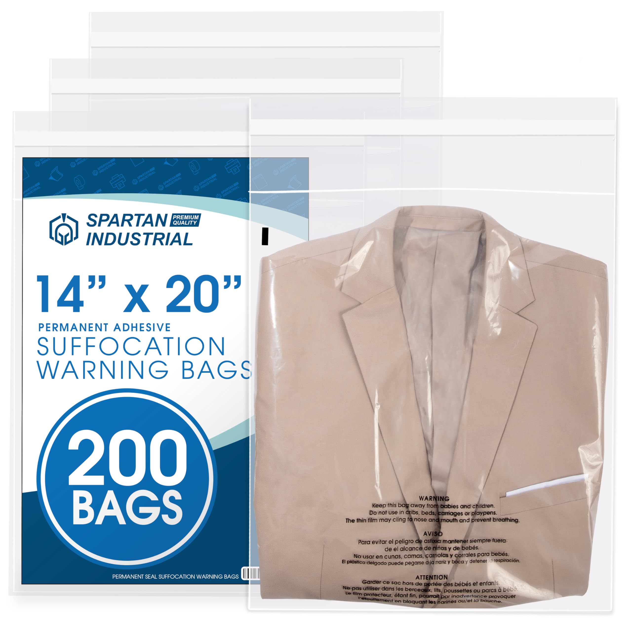 14” X 20” (200 Count) Self Seal Clear Poly Bags with Suffocation Warning | for Packaging, Clothes - Permanent Adhesive - Spartan Industrial
