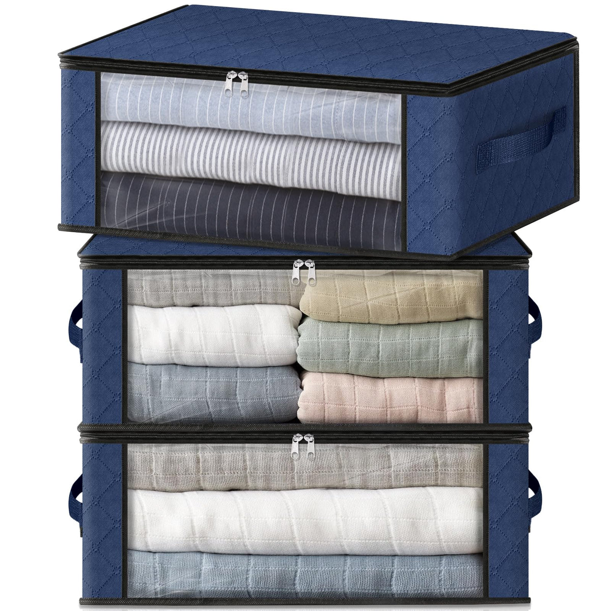 HomeHacks 3-Pack Clothes Organizer Storage Bags, 35L Storage Bins, Gray | Foldable Storage Box Container with Zippers, Clear Window, Reinforced Handles for Closet, Dorm, Pillows, Bedding, Sweater