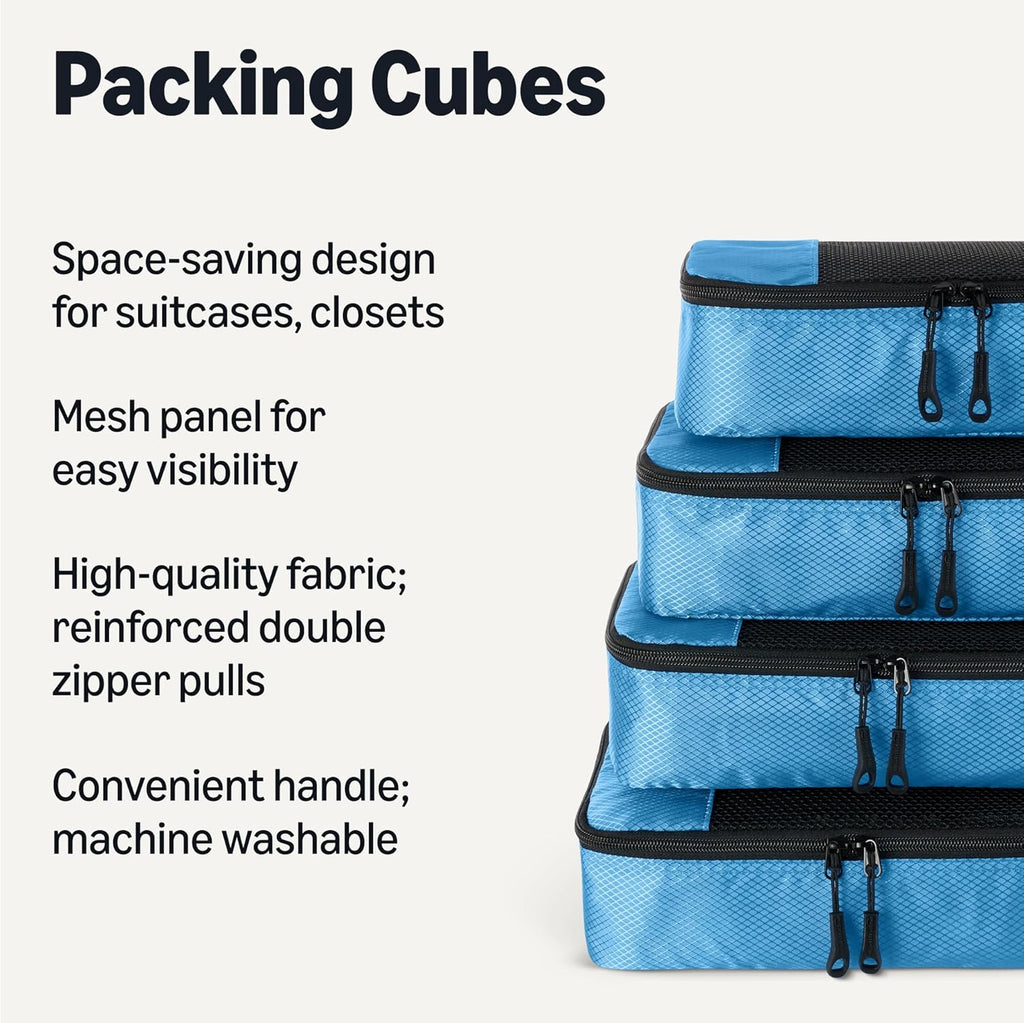 Amazon Essentials 4-Piece Packing Cubes Travel Accessories Set, Luggage Organizer with Double Zipper, Mesh Top, Space-Saving, Medium, Sky Blue (Previously Amazon Basics)