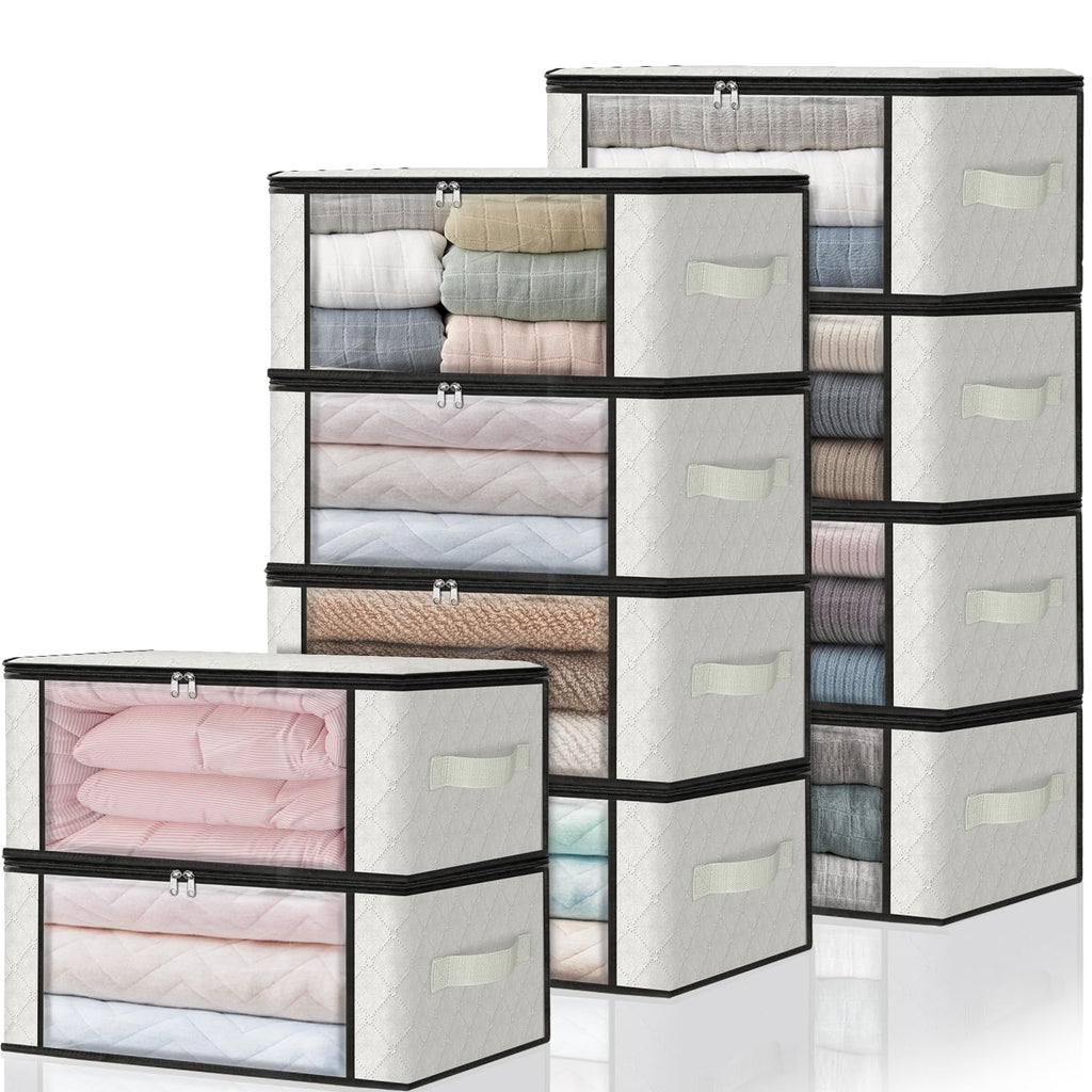 HomeHacks 3-Pack Clothes Organizer Storage Bags, 35L Storage Bins, Gray | Foldable Storage Box Container with Zippers, Clear Window, Reinforced Handles for Closet, Dorm, Pillows, Bedding, Sweater