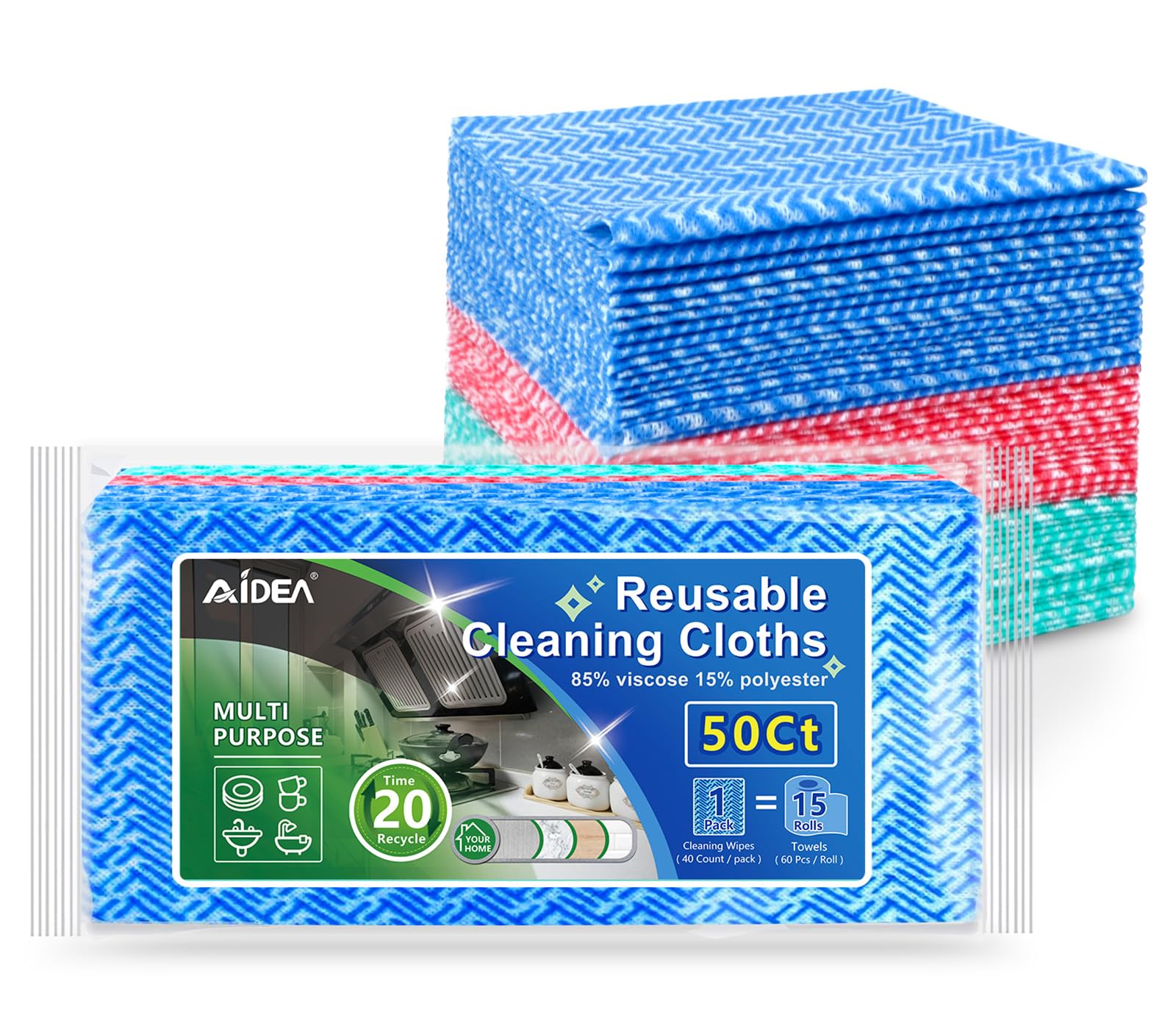 AIDEA Cleaning Wipes, Multi-Purpose Towel Reusable Cleaning Cloths 40Ct(1 Pack), Domestic Wipes, Dish Cloths(12''x24'') | Cleaning Rags Dish Cloths for Washing, Daily Cleaning Towel for Household/ Bathroom and Office Cleaning Supplies, Blue