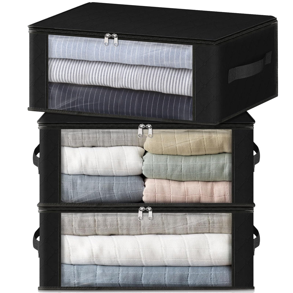 HomeHacks 3-Pack Clothes Organizer Storage Bags, 35L Storage Bins, Gray | Foldable Storage Box Container with Zippers, Clear Window, Reinforced Handles for Closet, Dorm, Pillows, Bedding, Sweater