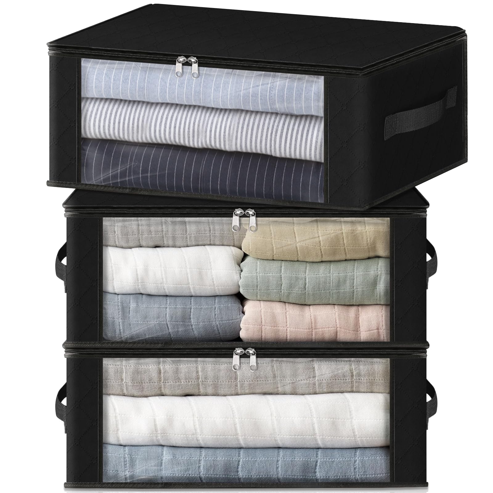 HomeHacks 3-Pack Clothes Organizer Storage Bags, 35L Storage Bins, Gray | Foldable Storage Box Container with Zippers, Clear Window, Reinforced Handles for Closet, Dorm, Pillows, Bedding, Sweater