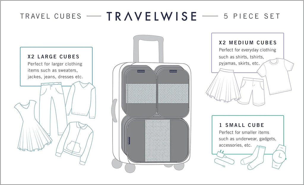 Travel Wise Packing Cubes for Travel - 5 Piece Set with Pattern Design, Lightweight Ripstop Nylon Luggage Organizers with Mesh Panel, Small Medium Large Sizes