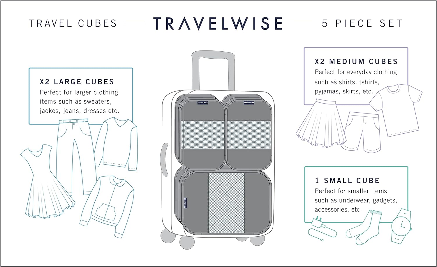 Travel Wise Packing Cubes for Travel - 5 Piece Set with Pattern Design, Lightweight Ripstop Nylon Luggage Organizers with Mesh Panel, Small Medium Large Sizes