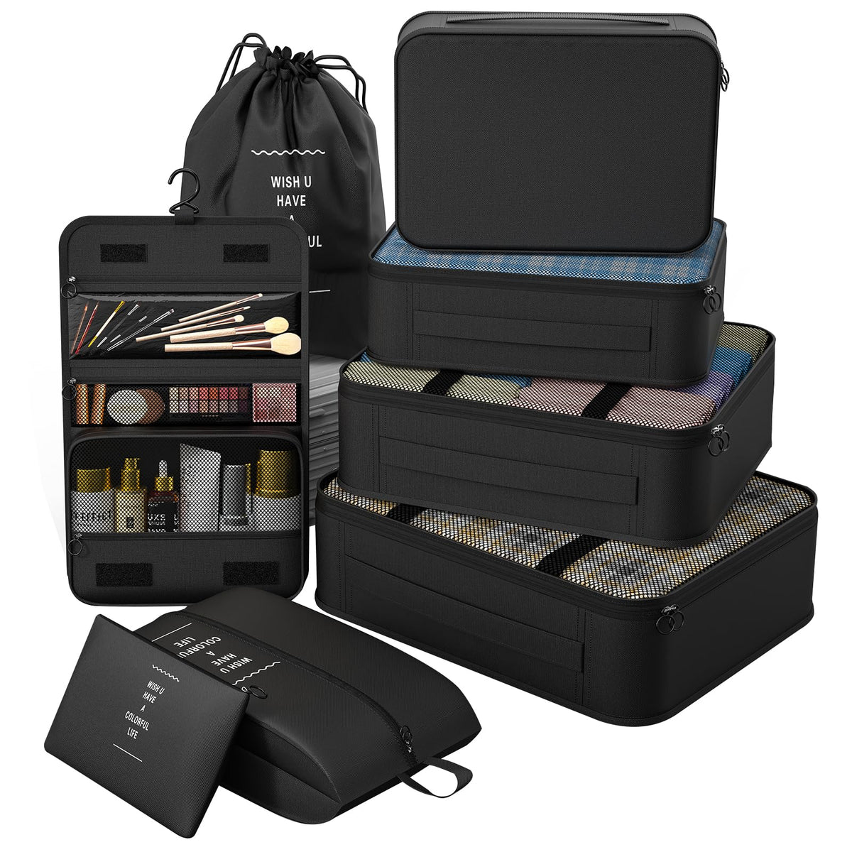 8 Set Packing Cubes for Travel,Suitcase Organizer Bags for Luggage with Shoe & Hanging Toiletry Bag, Vacation Essentials & Accessories for Cruise Ship, Airplane Must-Have,Road Trip & Camp Gifts(Cream)