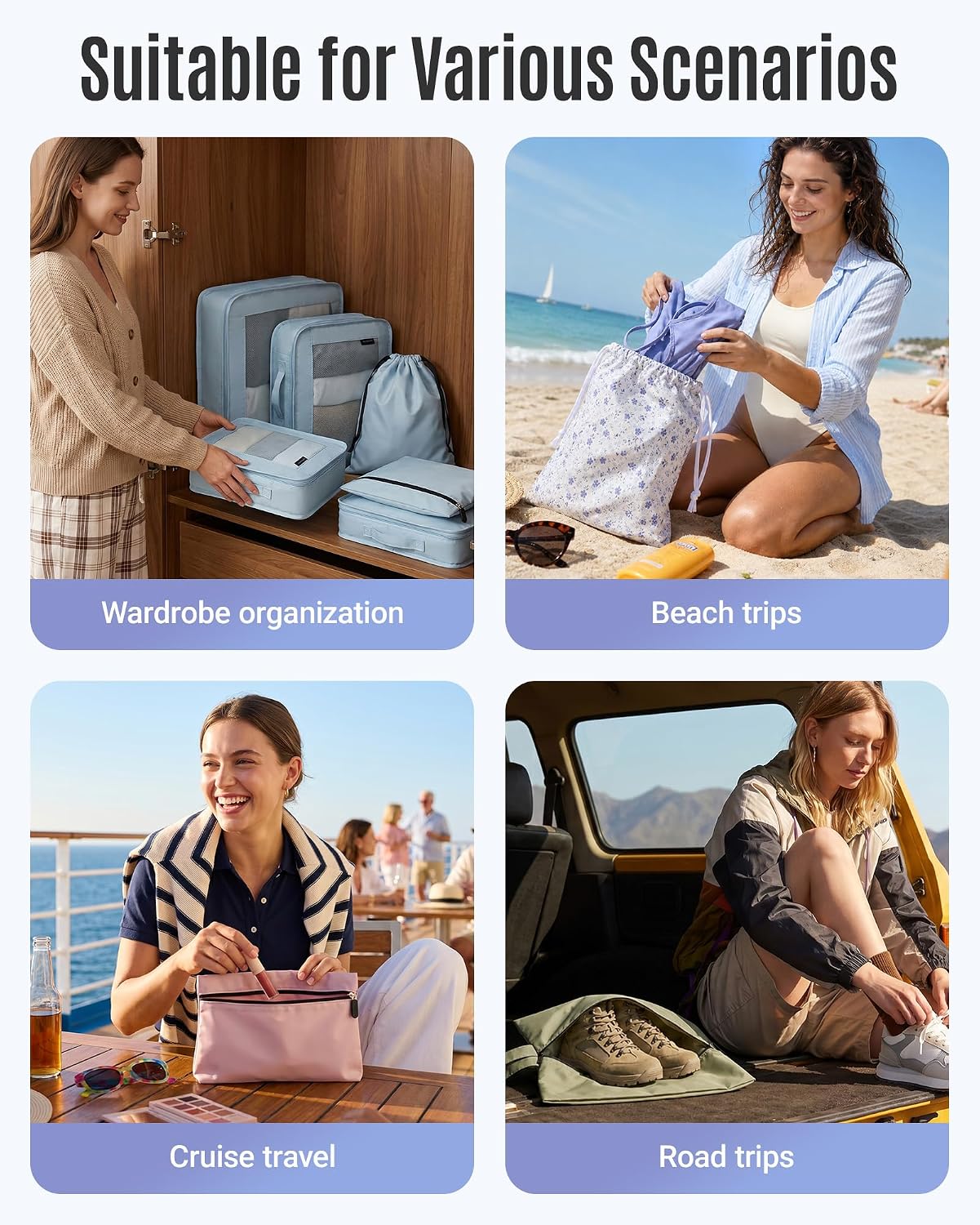 8 Set Packing Cubes for Travel, Cruise Ship Travel Essentials | 8-Pack Packing Bags, Mesh Luggage Organizer Bags & Laundry Shoe Bags for Max Clothing Capacity, Holiday Vacation Camping