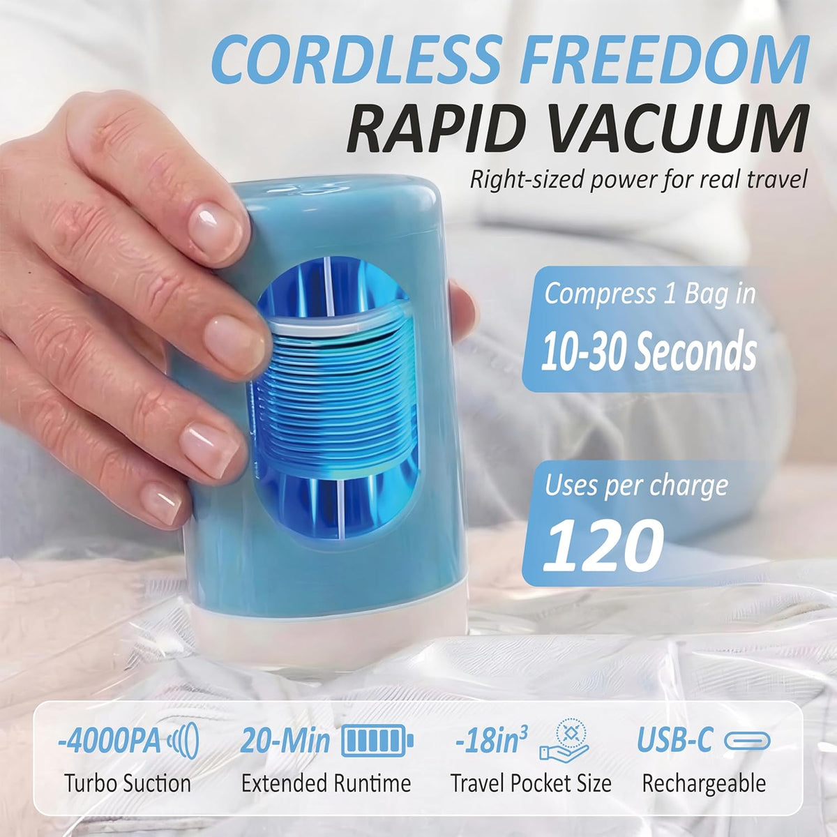 Travel Vacuum Storage Bags with Rechargeable Cordless USB Pump, 12 Combo | Space Saver Bags for Luggage, Suitcase, Carry-On, for Clothes, Blankets, Bedding & Seasonal Storage