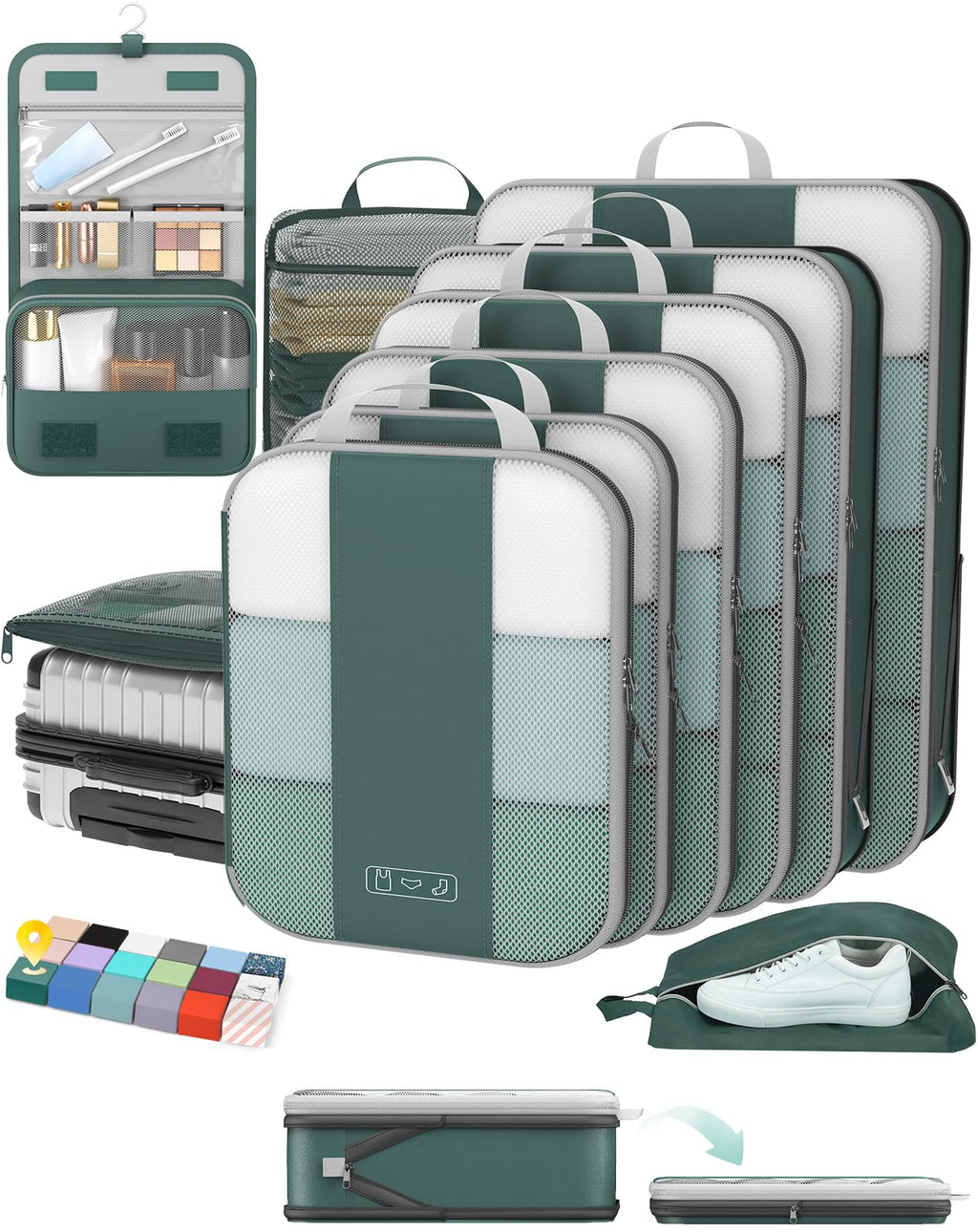 OlarHike 10 Set Compression Packing Cubes for Travel Essentials,Compressible Expandable Space Saver Bags for Organizing Clothes,Luggage Suitcase Garment Bags with Over 1000 pcs Mesh Holes(Black)