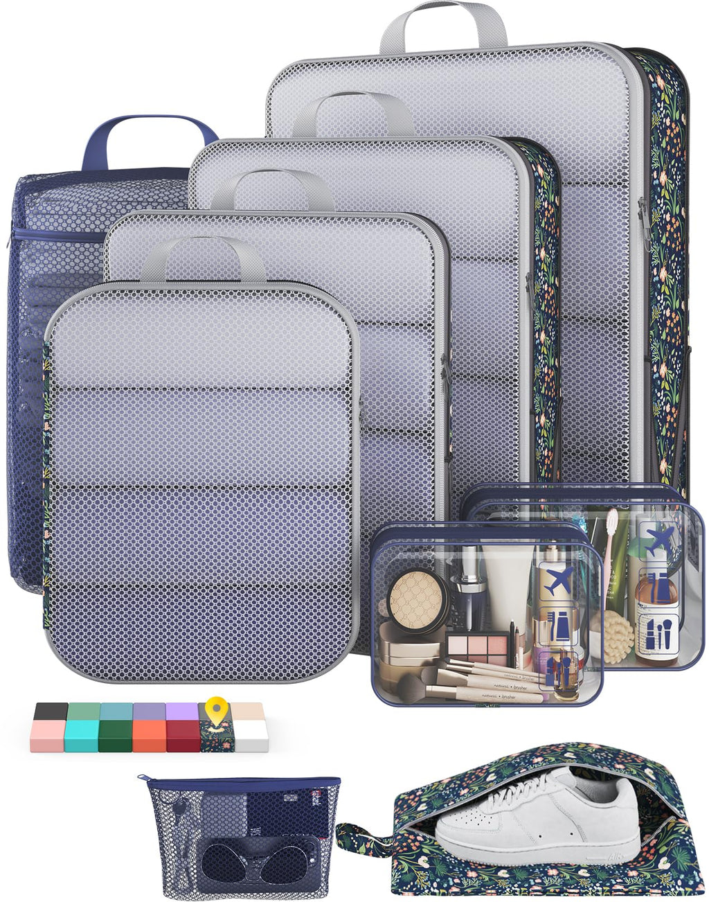 Veken 9/11 Set Compression Packing Cubes Garment Bags for Travel Essentials,Compressible Expandable Luggage Organizer Bags for Clothing,Space Saver Bags with Over 1000 pcs of Mesh Holes(Beige)