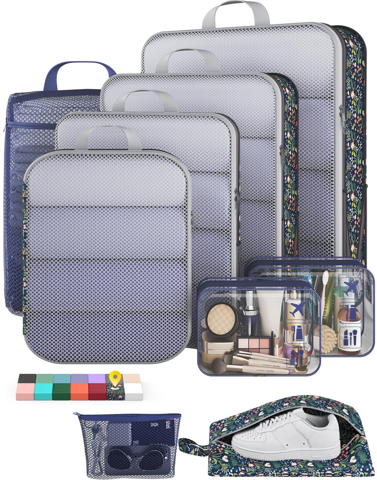Veken 9/11 Set Compression Packing Cubes Garment Bags for Travel Essentials,Compressible Expandable Luggage Organizer Bags for Clothing,Space Saver Bags with Over 1000 pcs of Mesh Holes(Beige)