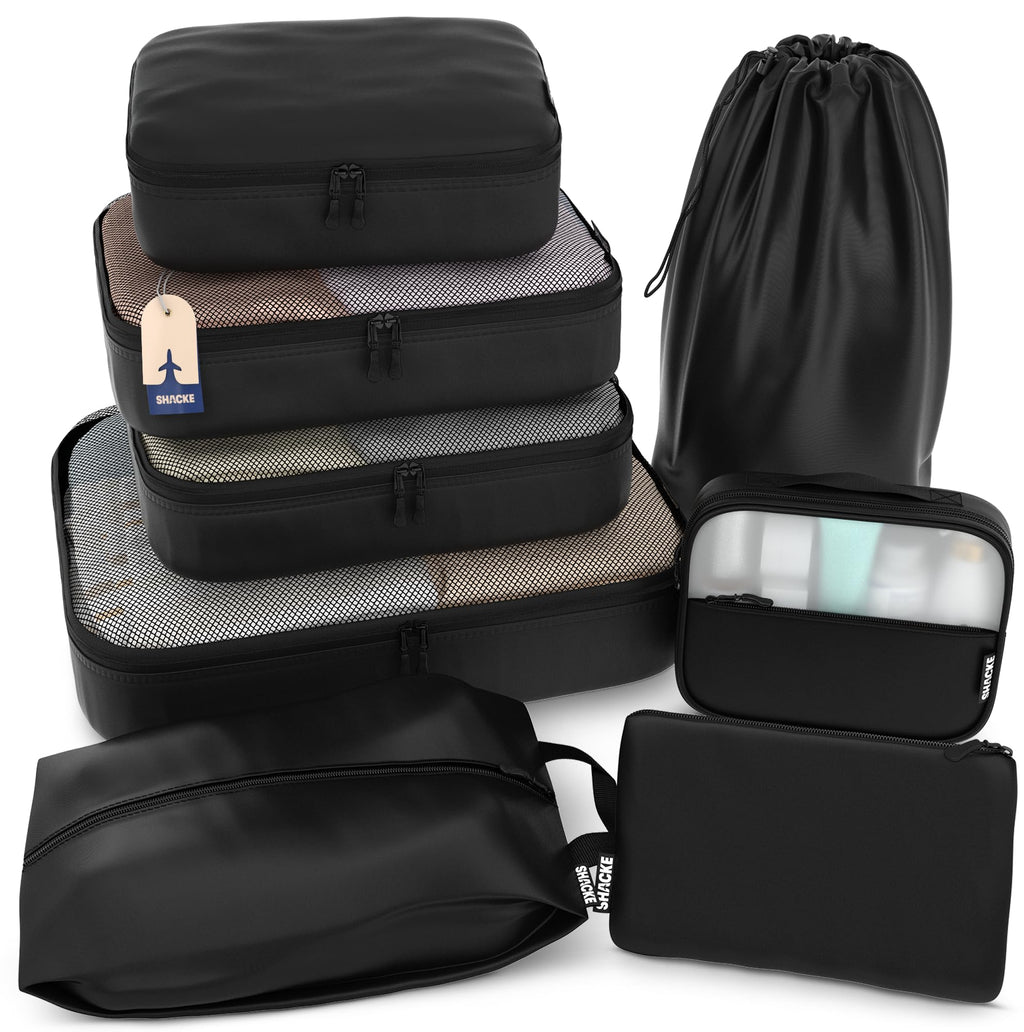 Shacke 5 Set Packing Cubes for Travel with Laundry Bag (Pure Black) | Suitcase Organizer Bags Set: 4 Water-Resistant Luggage Cubes, XL to Small, + Laundry Bag for Carry-On or Checked