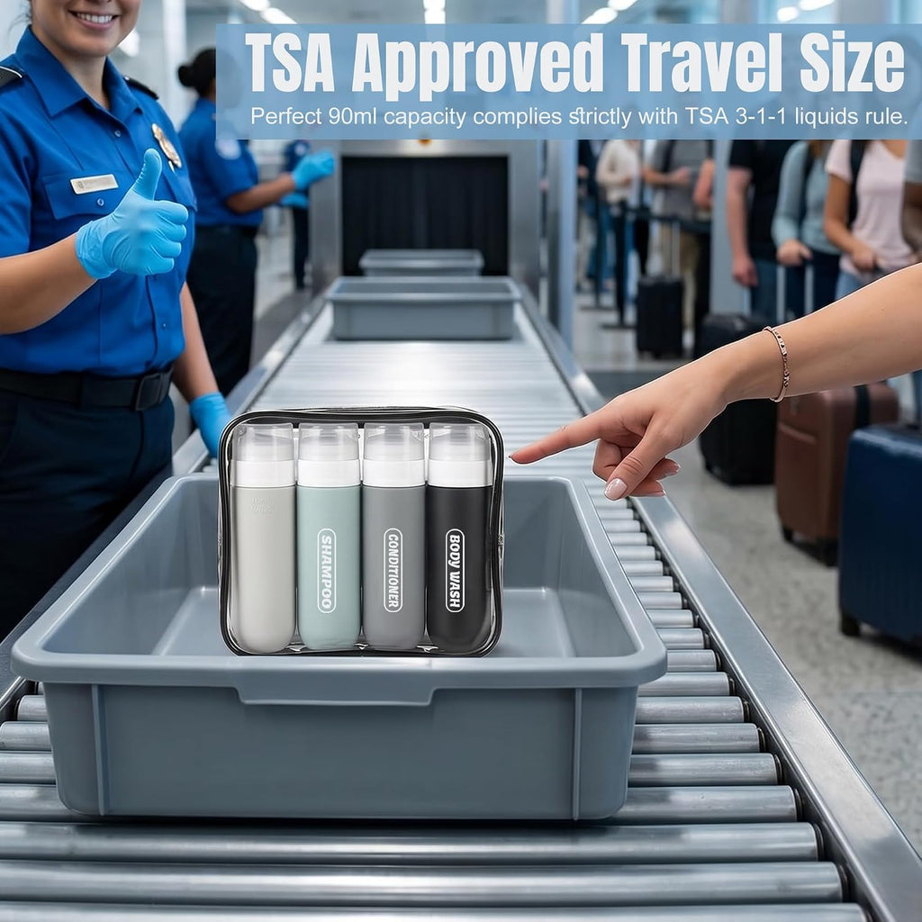 Pre-printed Silicone Travel Bottles for Toiletries 3oz | TSA Approved, Leak Proof, Squeezable Containers For Shampoo Conditioner, Travel Essentials, with Clear Bag, 4 Pack