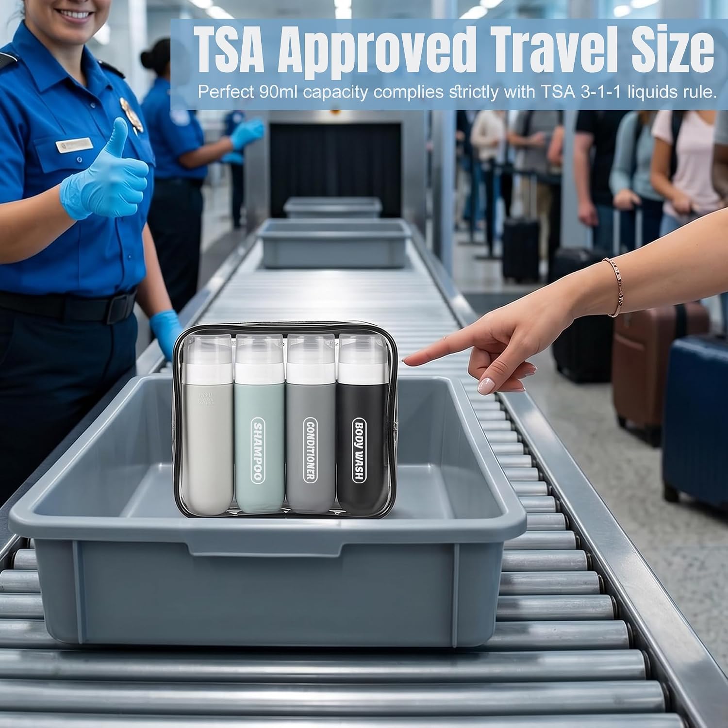 Pre-printed Silicone Travel Bottles for Toiletries 3oz | TSA Approved, Leak Proof, Squeezable Containers For Shampoo Conditioner, Travel Essentials, with Clear Bag, 4 Pack