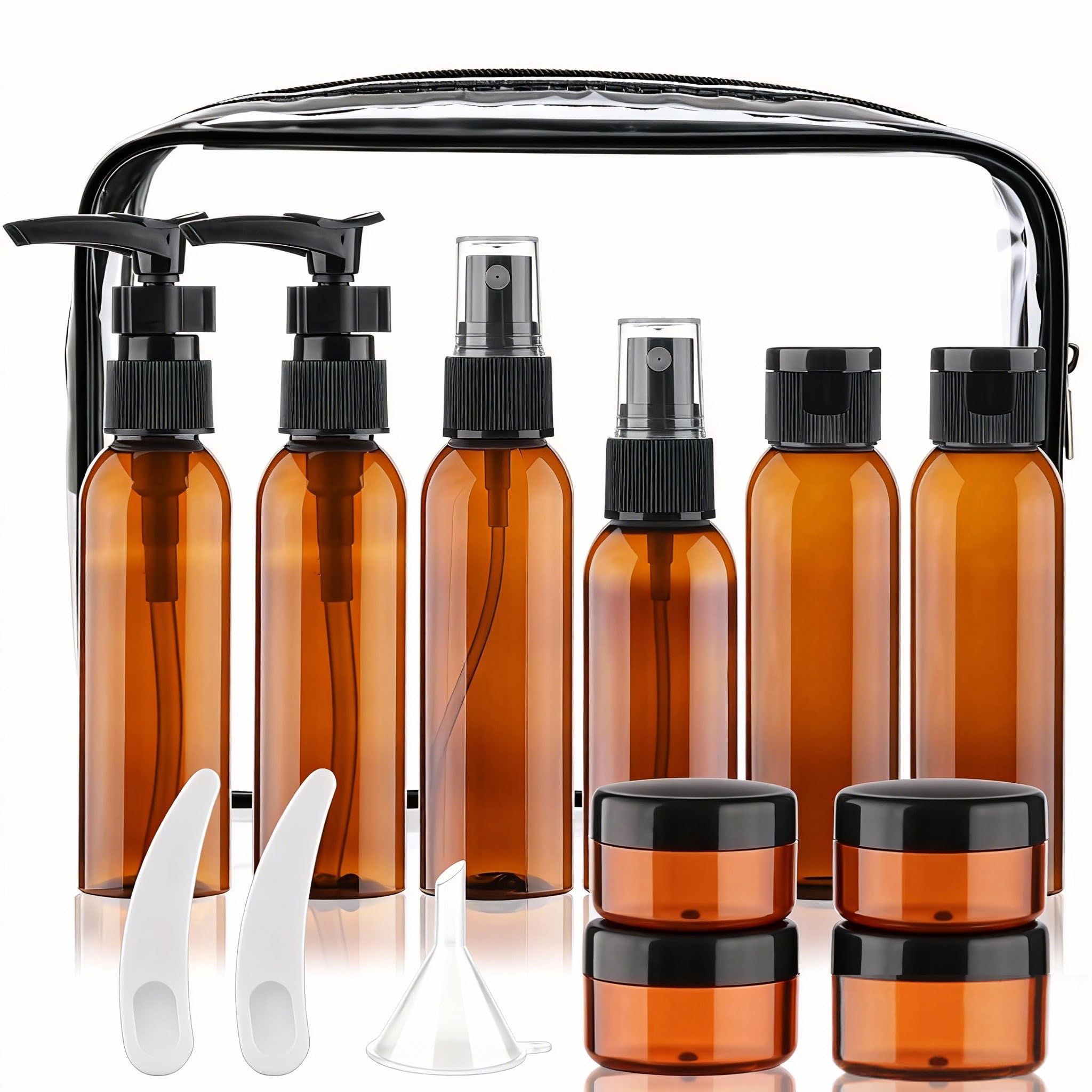 Cosywell 13-Piece 2 oz TSA Approved Travel Bottles for Toiletries Kit | Refillable set Includes Pump, Spray and Flip-cap Bottles, Cream Jars, Spatulas, Funnel and Clear Bag for Shampoo and Lotion