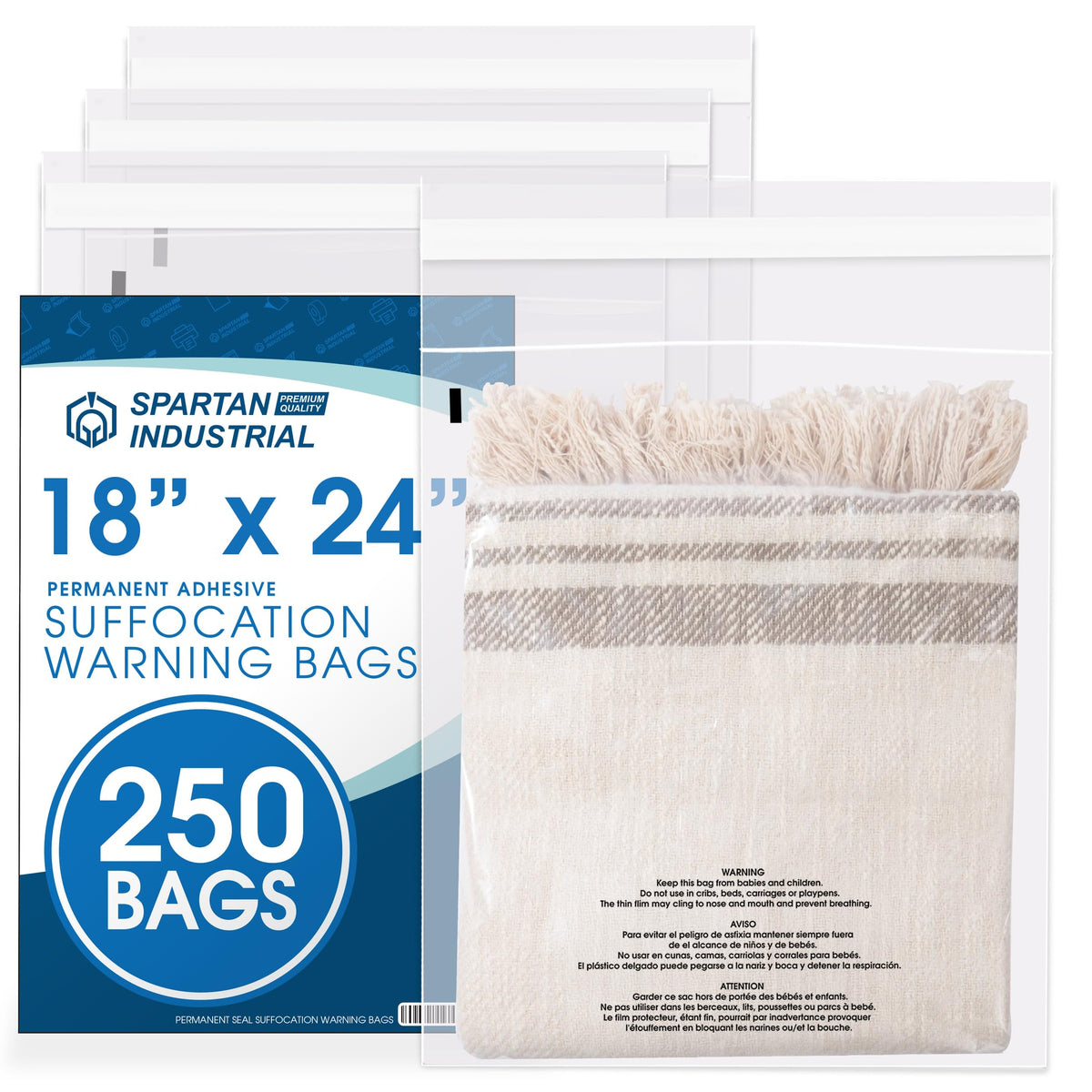 12" X 18" (500 Count) Self Seal Clear Poly Bags with Suffocation Warning | for Packaging and Clothes - Permanent Adhesive - Spartan Industrial