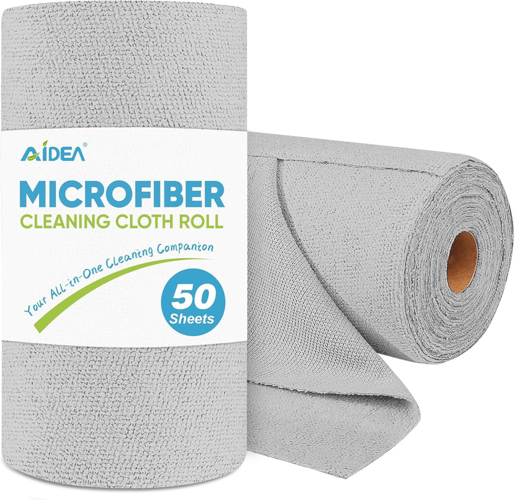 AIDEA Microfiber Cleaning Cloth Roll-50PK, Paper Towels Reusable 11.5×11.5" | Tear Away Towels, Washable Shop Rags, Microfiber Towels for Cars, Lint Free Rags for House, Kitchen, Window, Grey