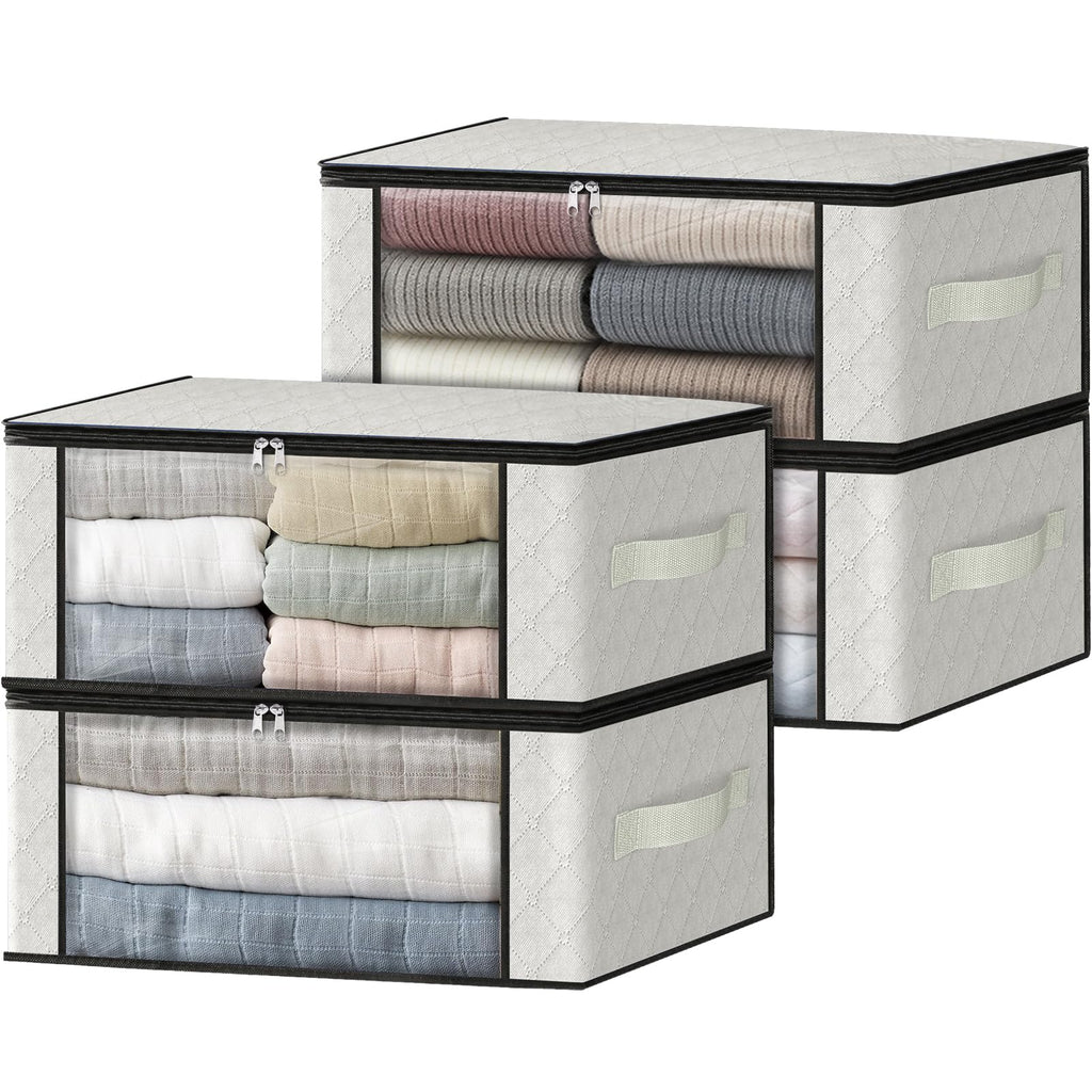 HomeHacks 3-Pack Clothes Organizer Storage Bags, 35L Storage Bins, Gray | Foldable Storage Box Container with Zippers, Clear Window, Reinforced Handles for Closet, Dorm, Pillows, Bedding, Sweater