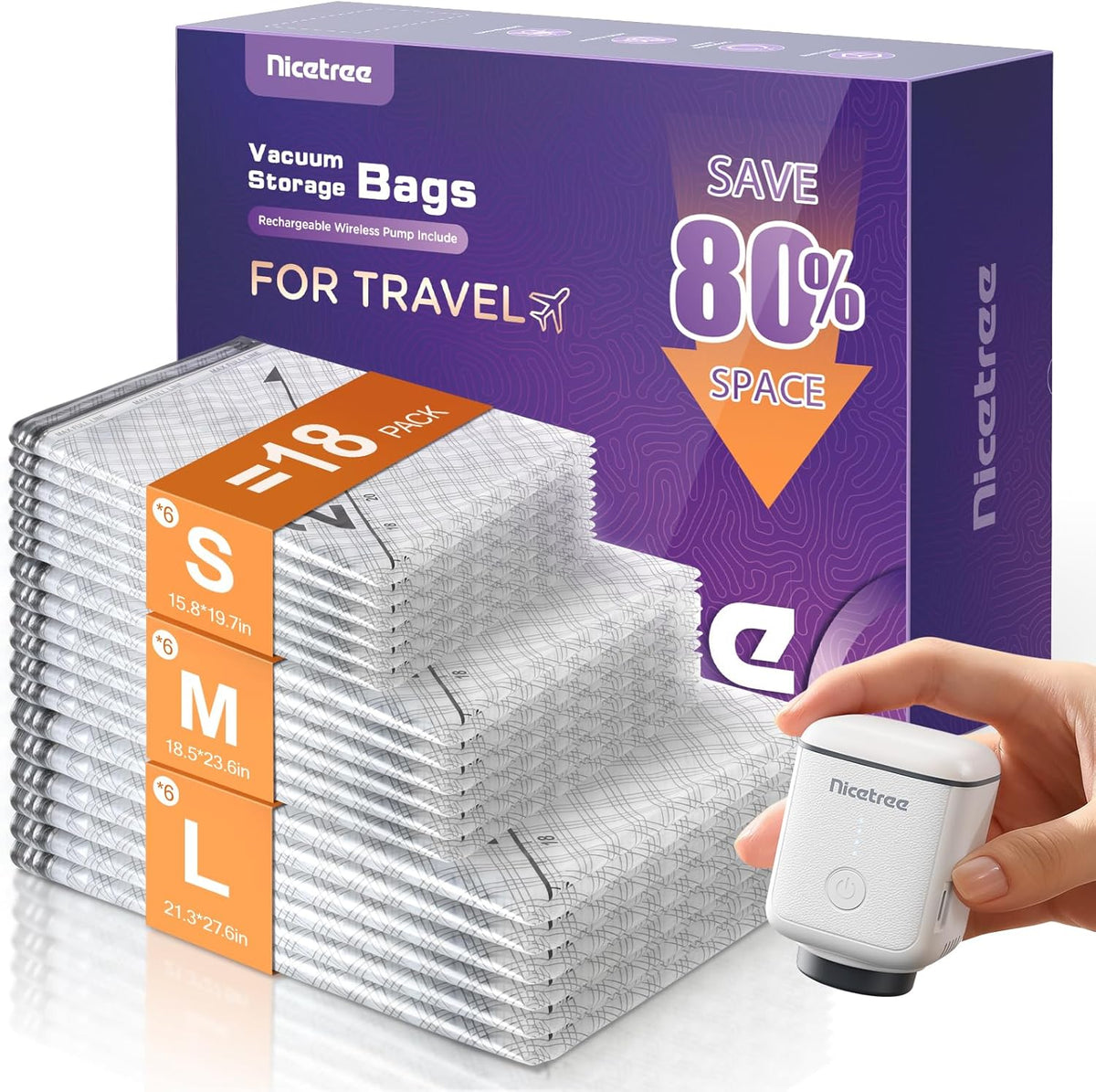 18-Pack Vacuum Bags for Travel with Rechargeable Pump, 3 Sizes | Compression Packing Bags for Carry-On Luggage and Suitcases. Space Saver Vacuum Seal Bags for Clothing and Home Storage