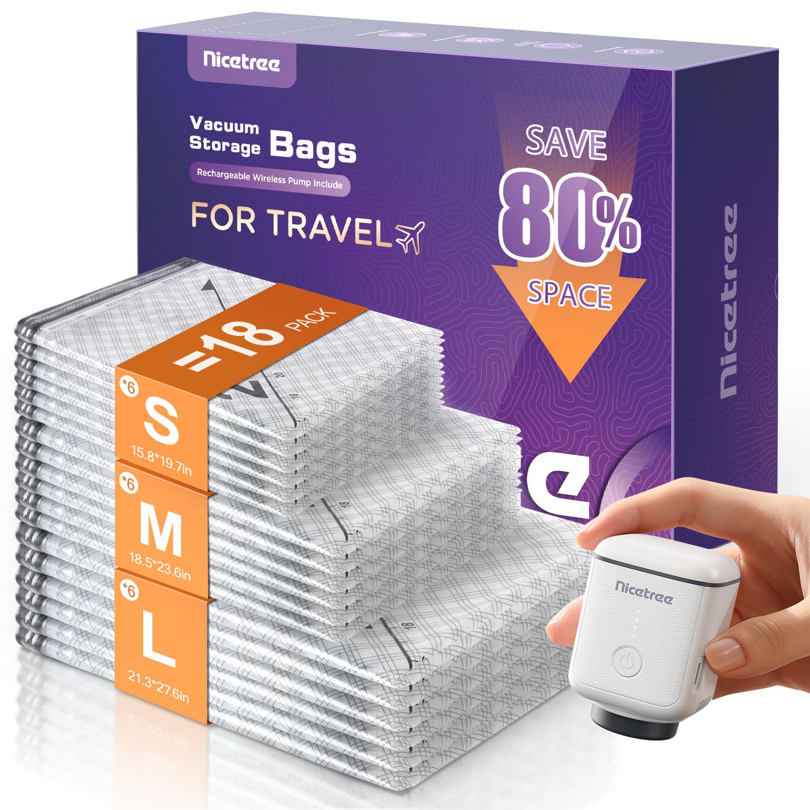 18-Pack Vacuum Bags for Travel with Rechargeable Pump, 3 Sizes | Compression Packing Bags for Carry-On Luggage and Suitcases. Space Saver Vacuum Seal Bags for Clothing and Home Storage
