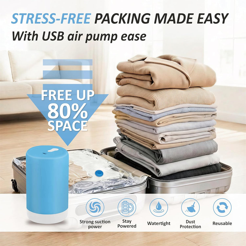 Travel Vacuum Storage Bags with Rechargeable Cordless USB Pump, 12 Combo | Space Saver Bags for Luggage, Suitcase, Carry-On, for Clothes, Blankets, Bedding & Seasonal Storage
