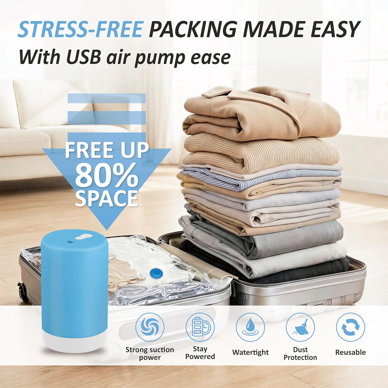 Travel Vacuum Storage Bags with Rechargeable Cordless USB Pump, 12 Combo | Space Saver Bags for Luggage, Suitcase, Carry-On, for Clothes, Blankets, Bedding & Seasonal Storage