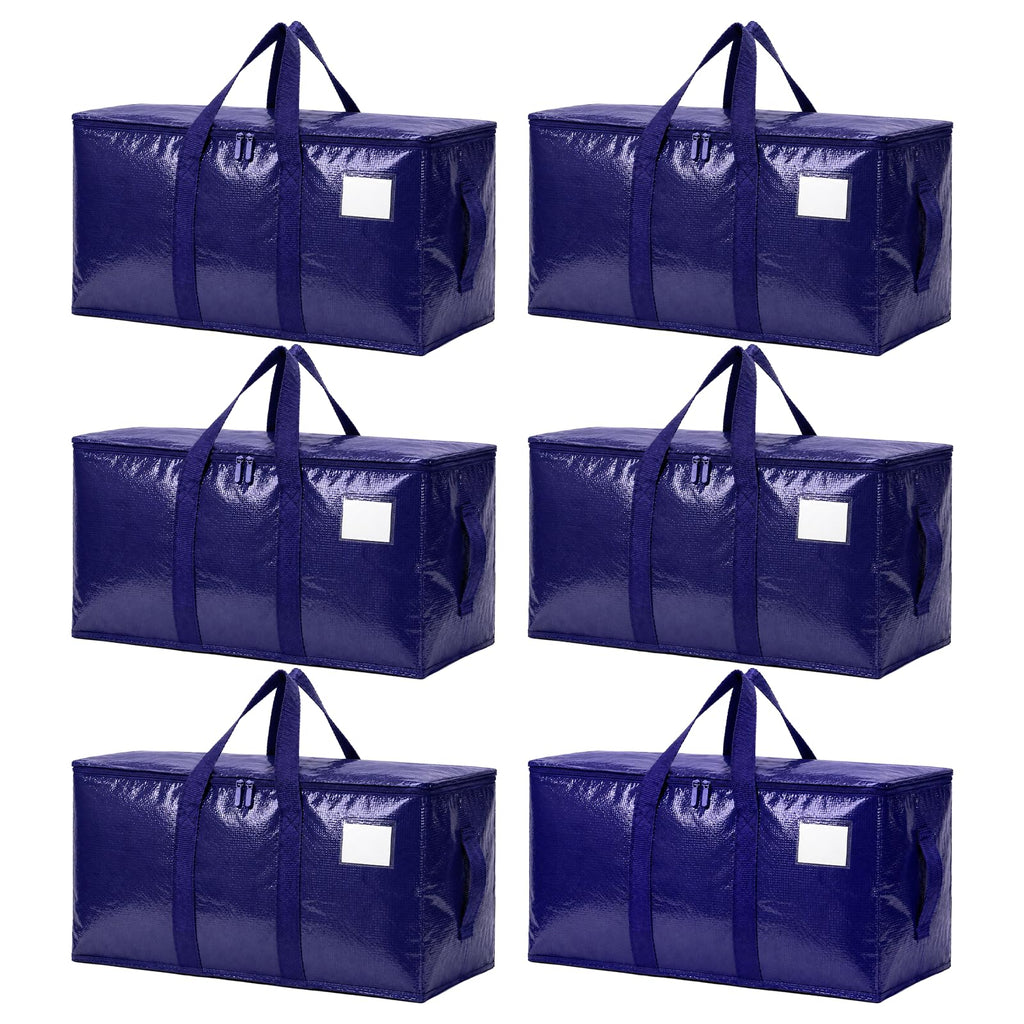 Songrey Extra Large Heavy Duty Moving Bags, 6 Pack, Dark Blue | Storage Bags with Zipper & Handles, Waterproof Totes Bags for Clothes Packing, Moving, College Supplies, Home Organization