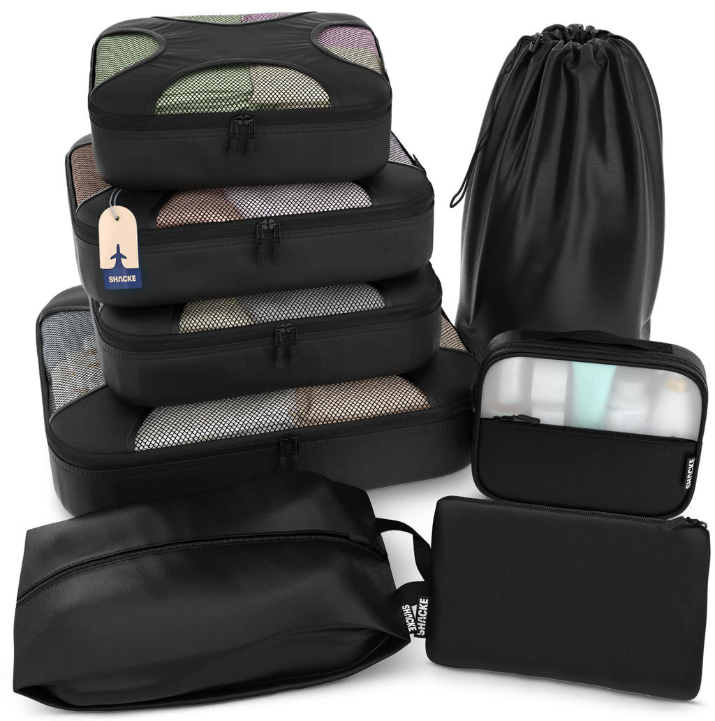 Shacke 5 Set Packing Cubes for Travel with Laundry Bag (Pure Black) | Suitcase Organizer Bags Set: 4 Water-Resistant Luggage Cubes, XL to Small, + Laundry Bag for Carry-On or Checked