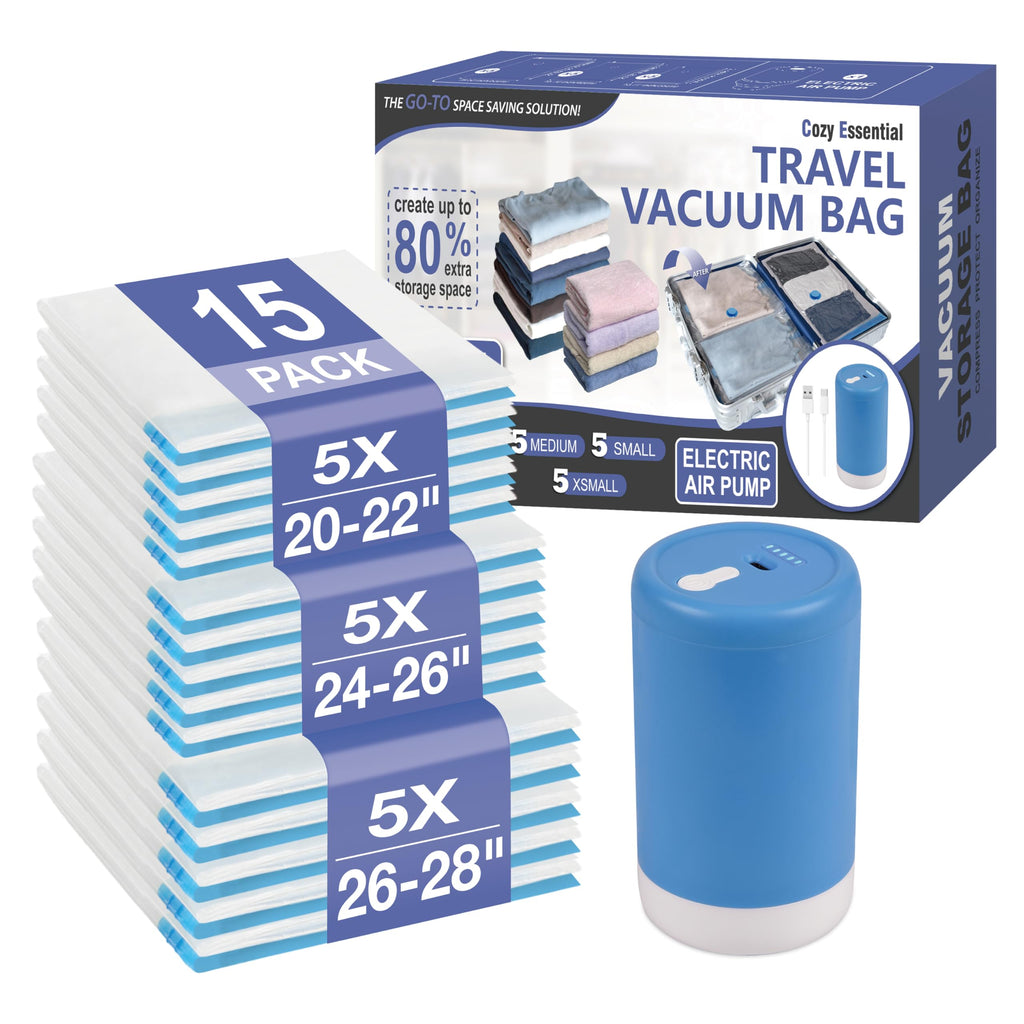Travel Vacuum Storage Bags with Rechargeable Cordless USB Pump, 12 Combo | Space Saver Bags for Luggage, Suitcase, Carry-On, for Clothes, Blankets, Bedding & Seasonal Storage