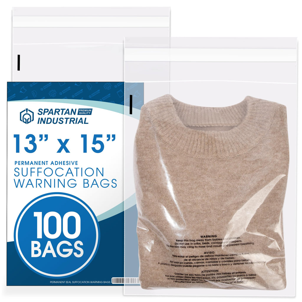 12" X 18" (500 Count) Self Seal Clear Poly Bags with Suffocation Warning | for Packaging and Clothes - Permanent Adhesive - Spartan Industrial