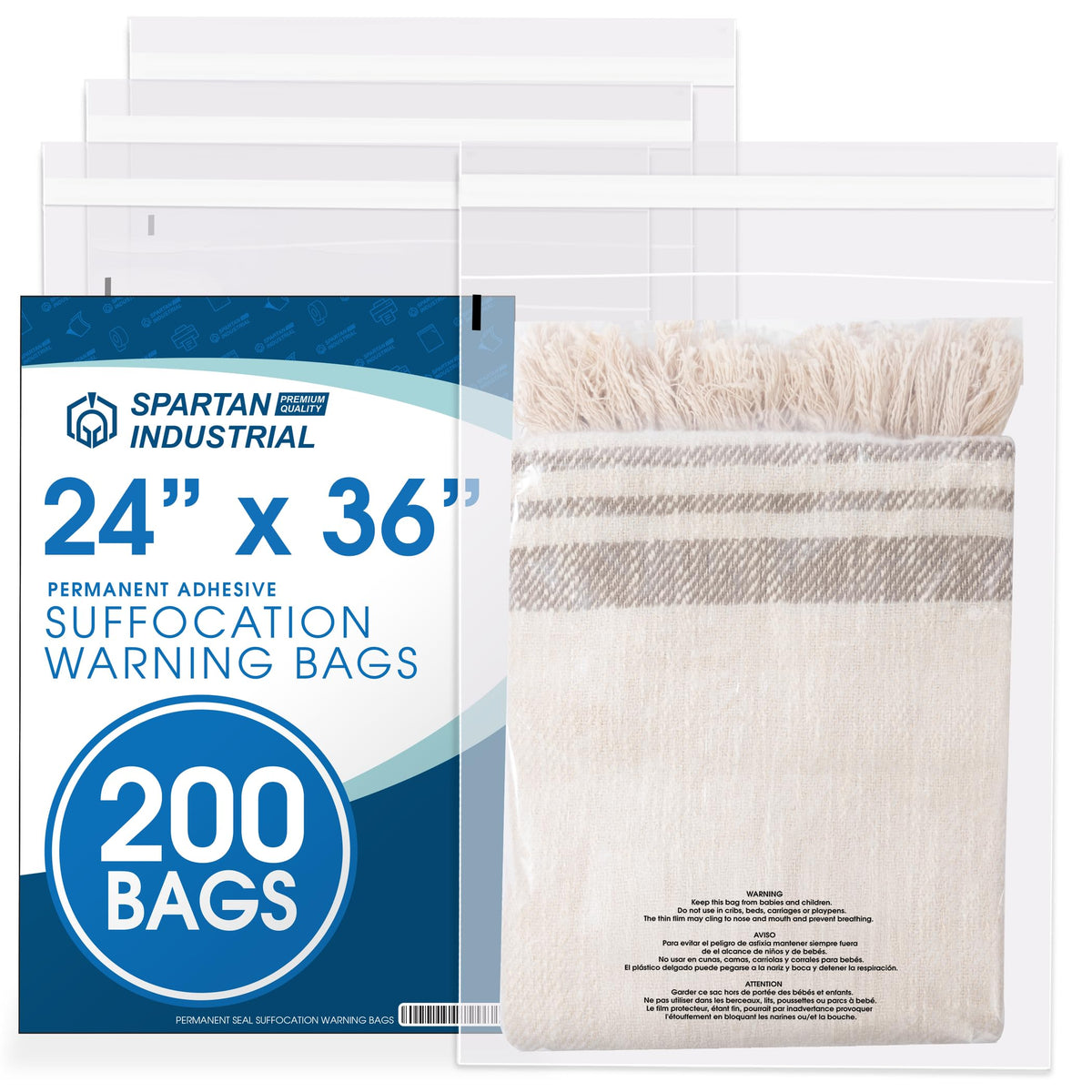 12" X 18" (500 Count) Self Seal Clear Poly Bags with Suffocation Warning | for Packaging and Clothes - Permanent Adhesive - Spartan Industrial