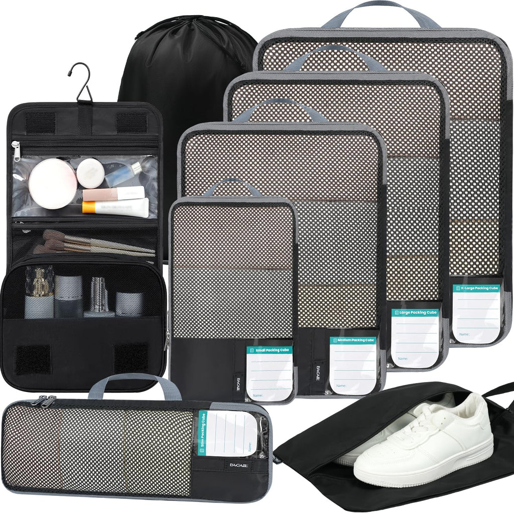 BAGAIL 4 Set/6 Set/8 Set Compression Packing Cubes Travel Accessories Expandable Packing Organizers (Half Mesh, 6-Black)